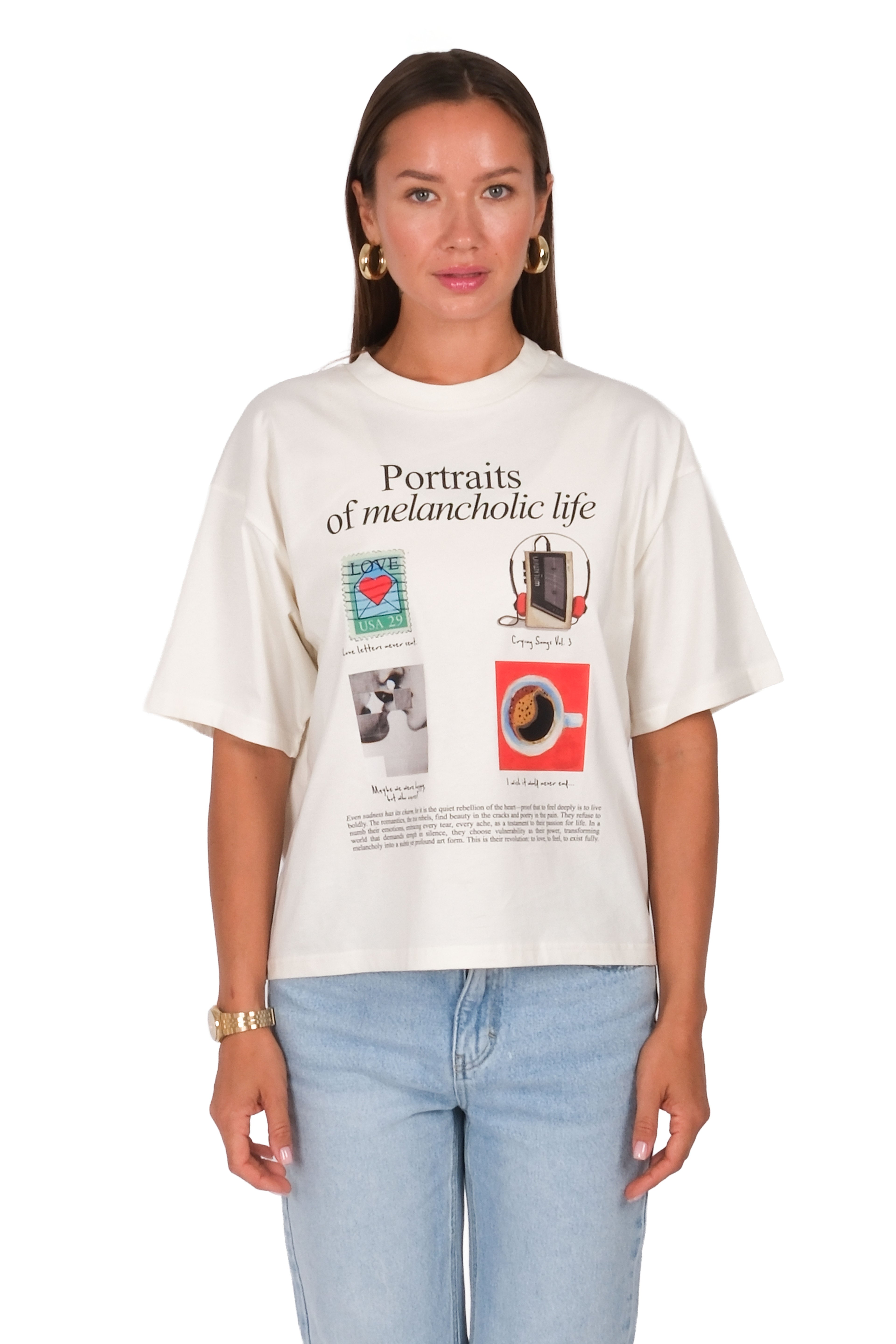 Melancholic Life Boxed Fit Kadın T-Shirt Ekru C590