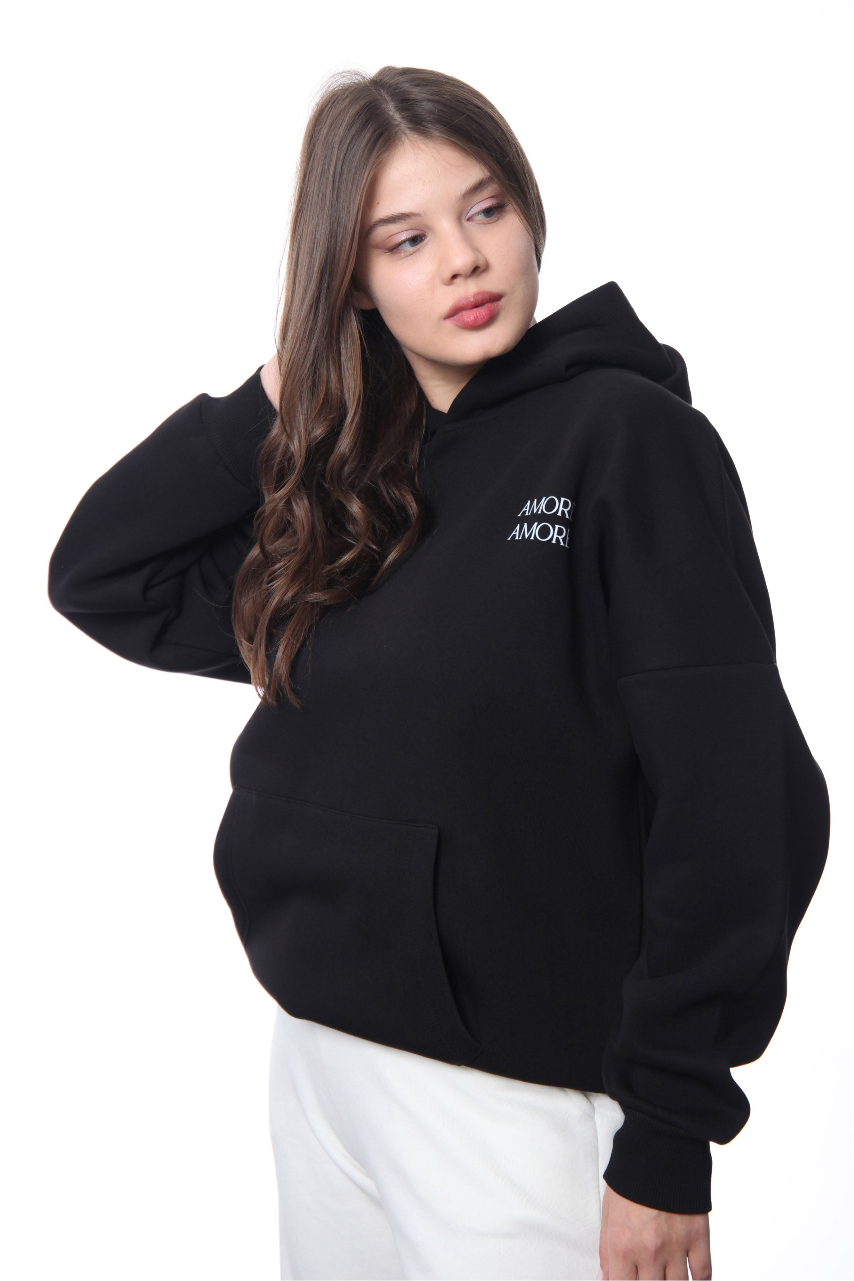 Amore Oversize Hoodie Kadın - Siyah C107