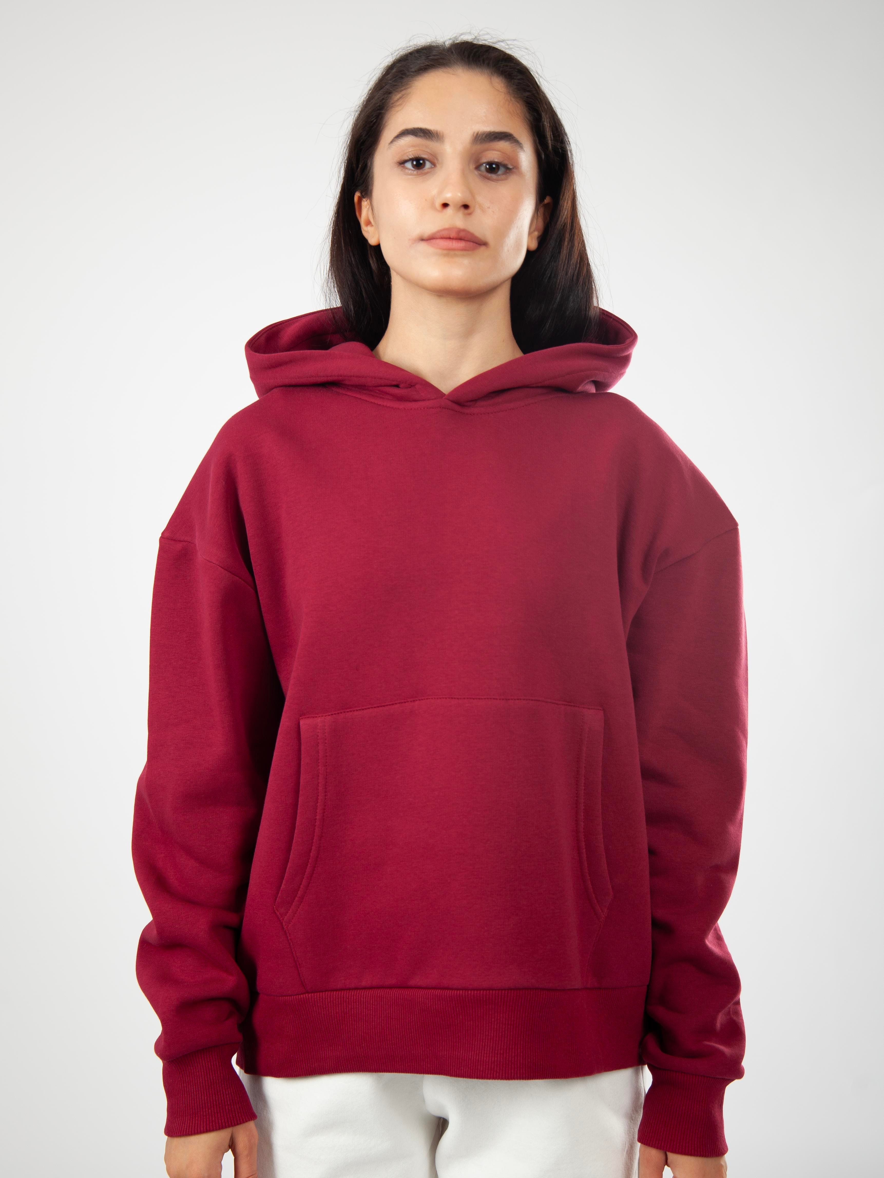 Basic Kadın Relaxed Fit Hoodie - Bordo C503