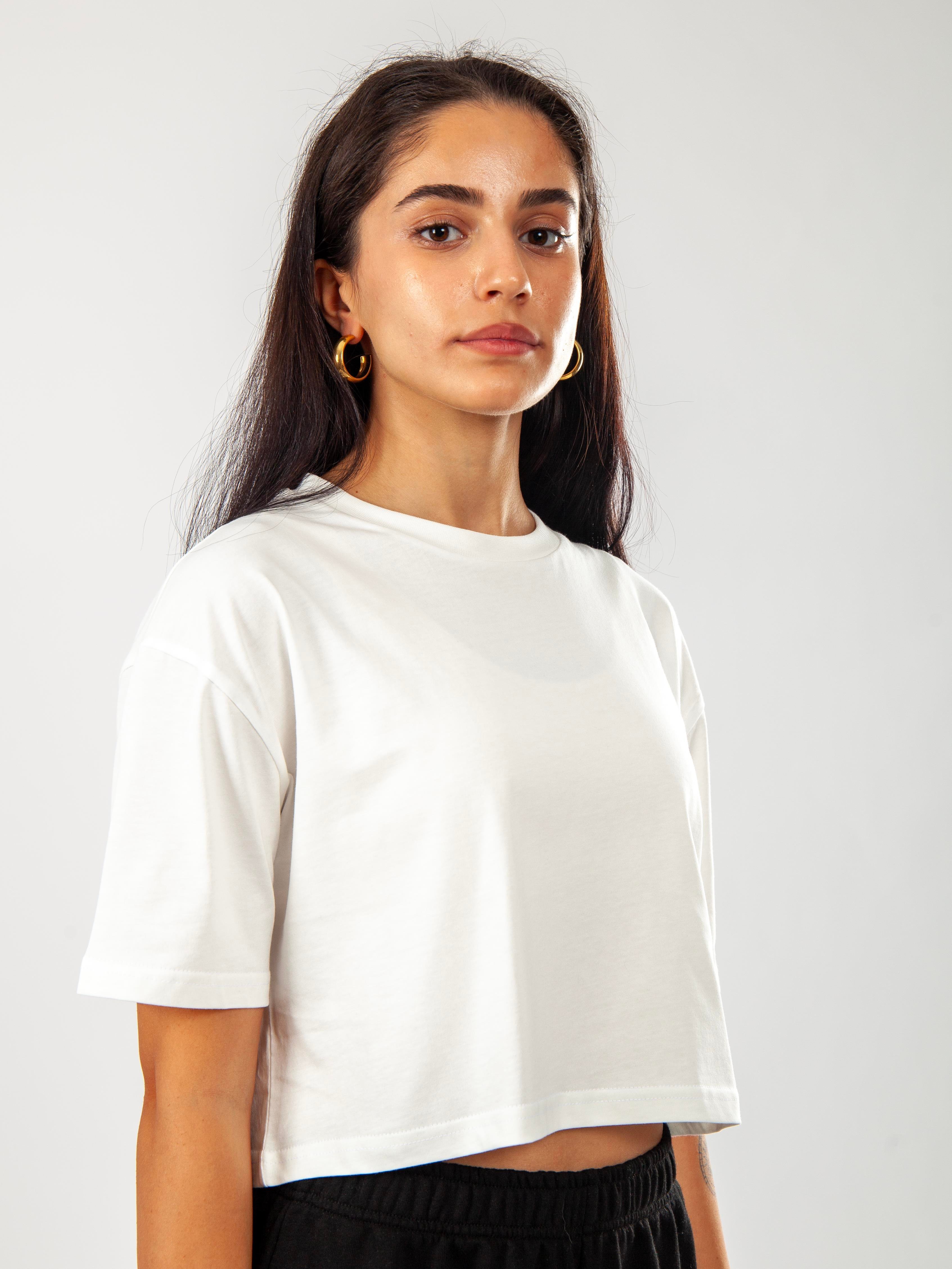 Oversize Kadın Crop T-Shirt Ekru C509