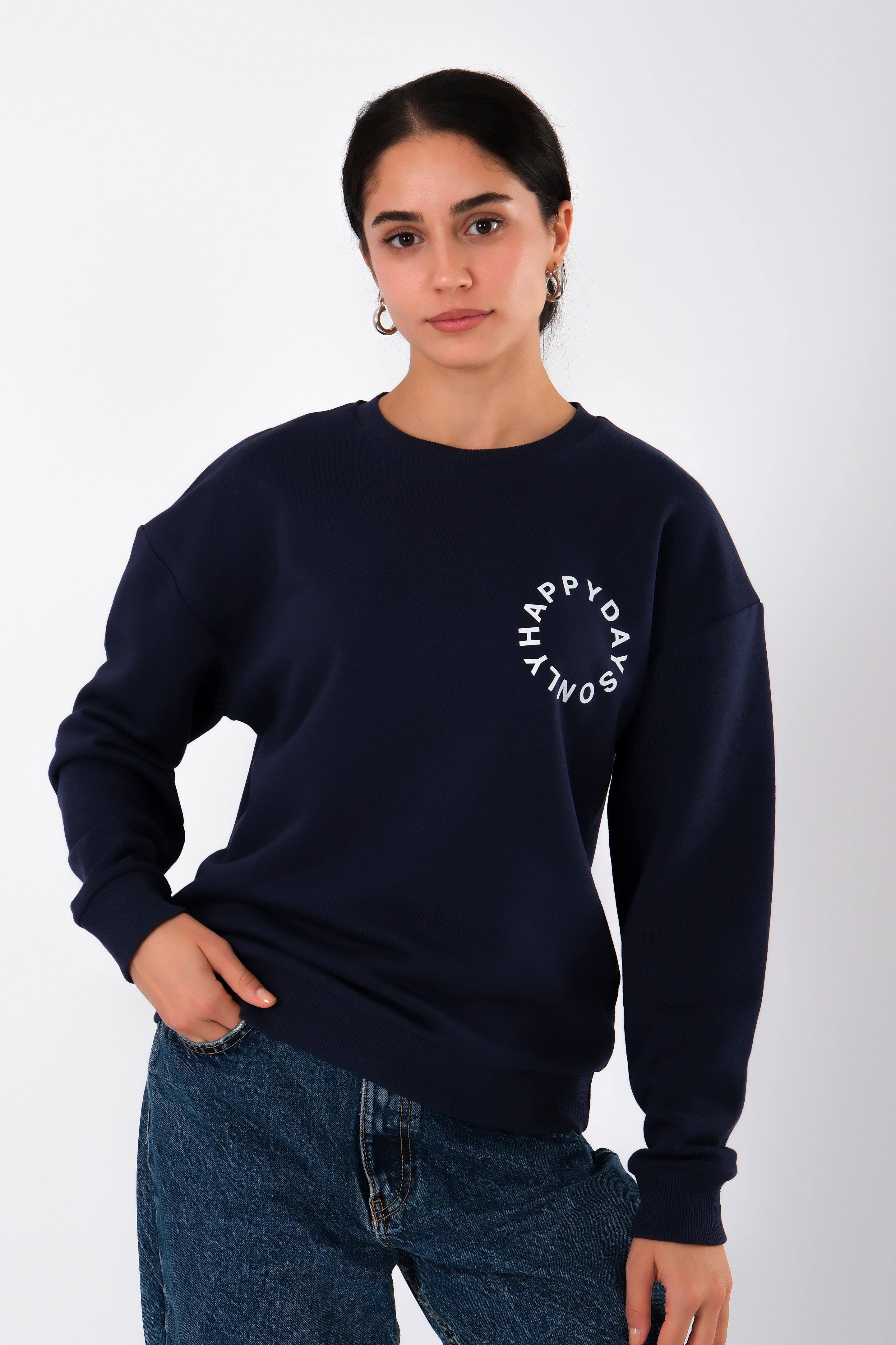 Happy Days Relaxed Fit Sweatshirt Kadın - Lacivert C504