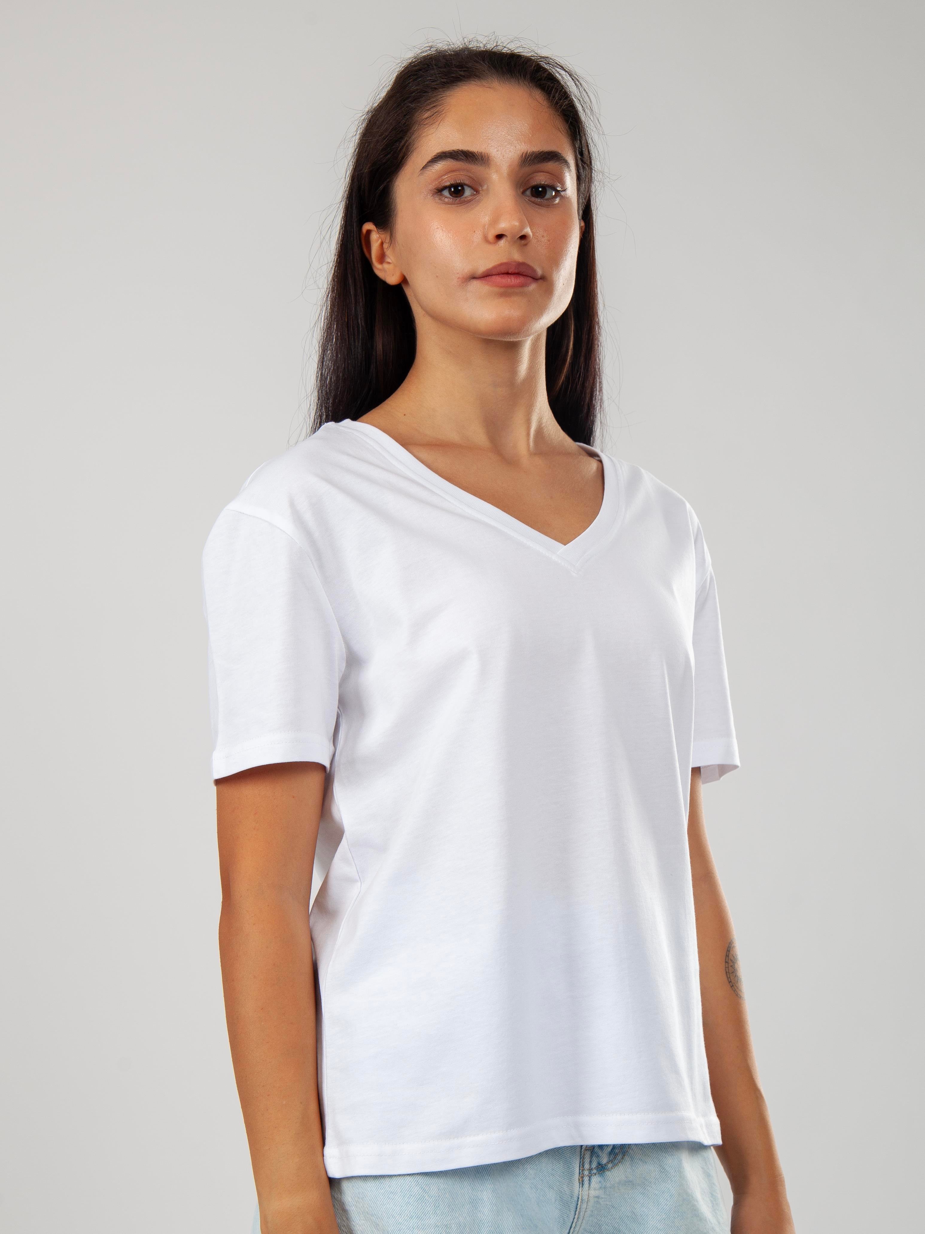 Basic V Yaka T-Shirt Kadın - Beyaz C510