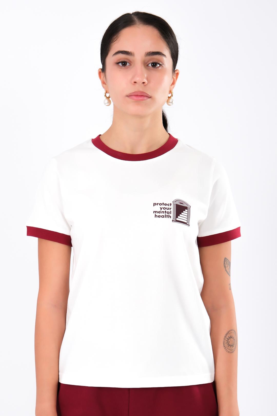 Retro Relax Fit Kontrast Ribanal T Shirt Kad n