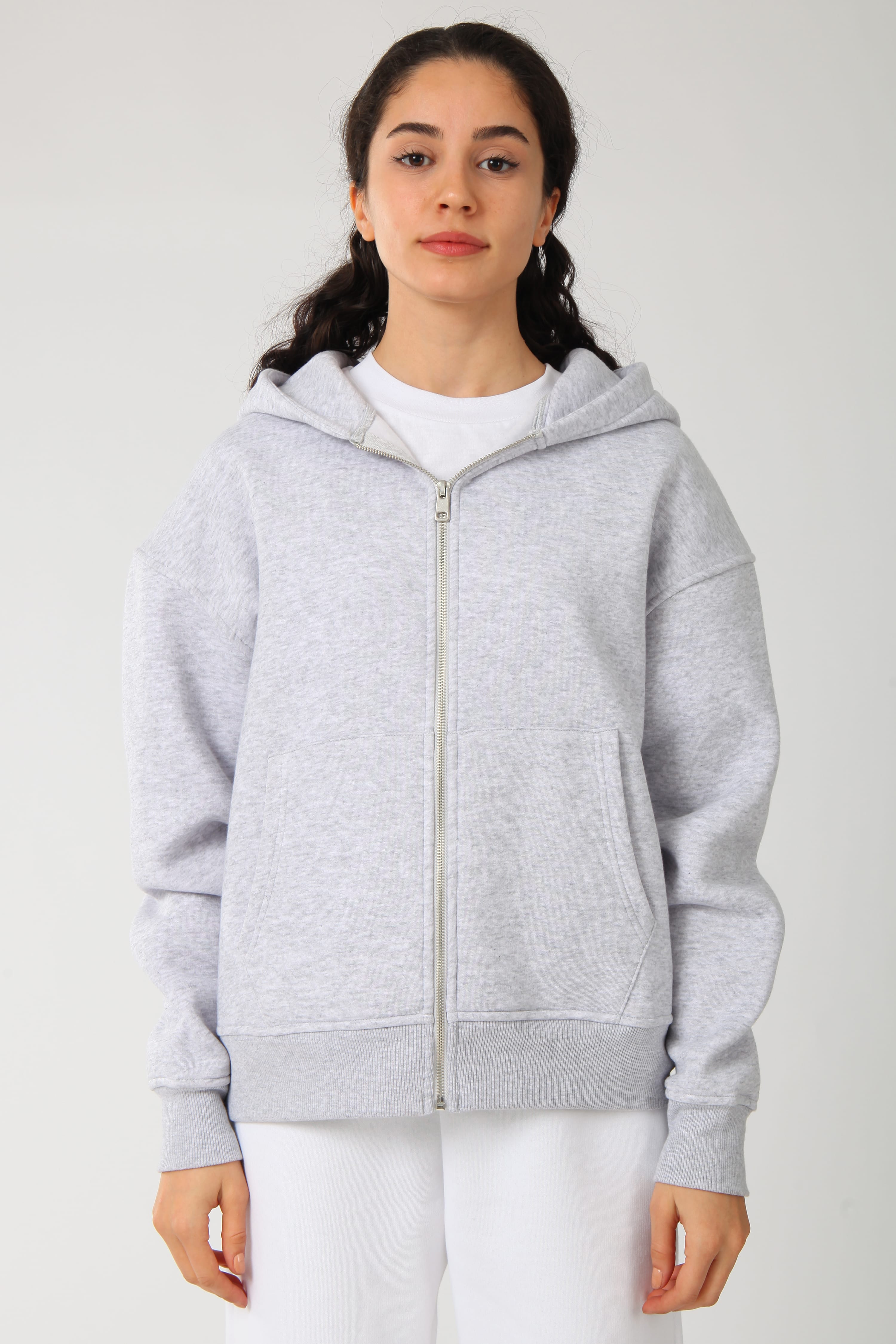 Basic Kadın Oversize Fit Kapüşonlu ve Fermuarlı Üst - GRİ MELANJ