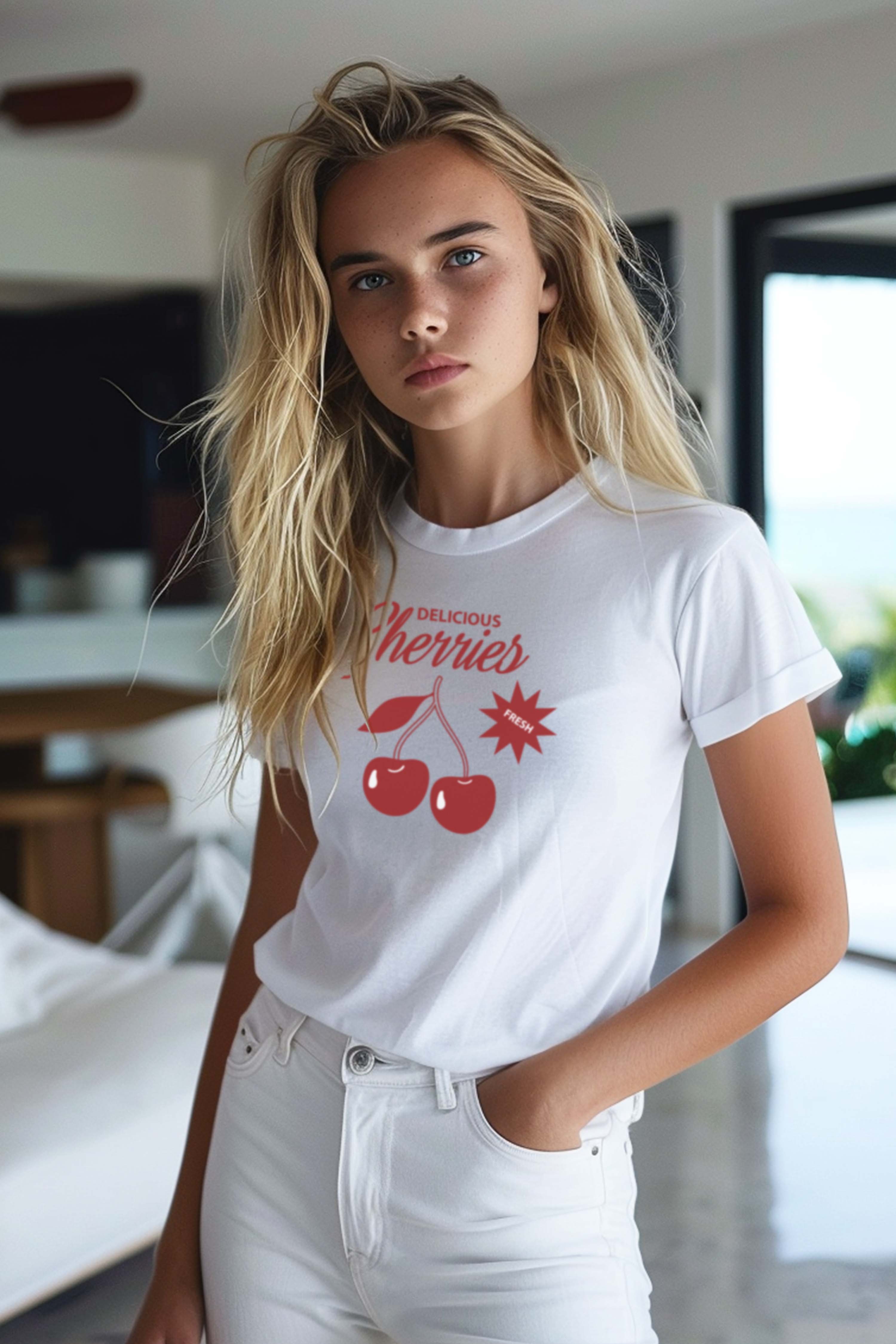 Cherries Regular T-Shirt Kadın-Beyaz