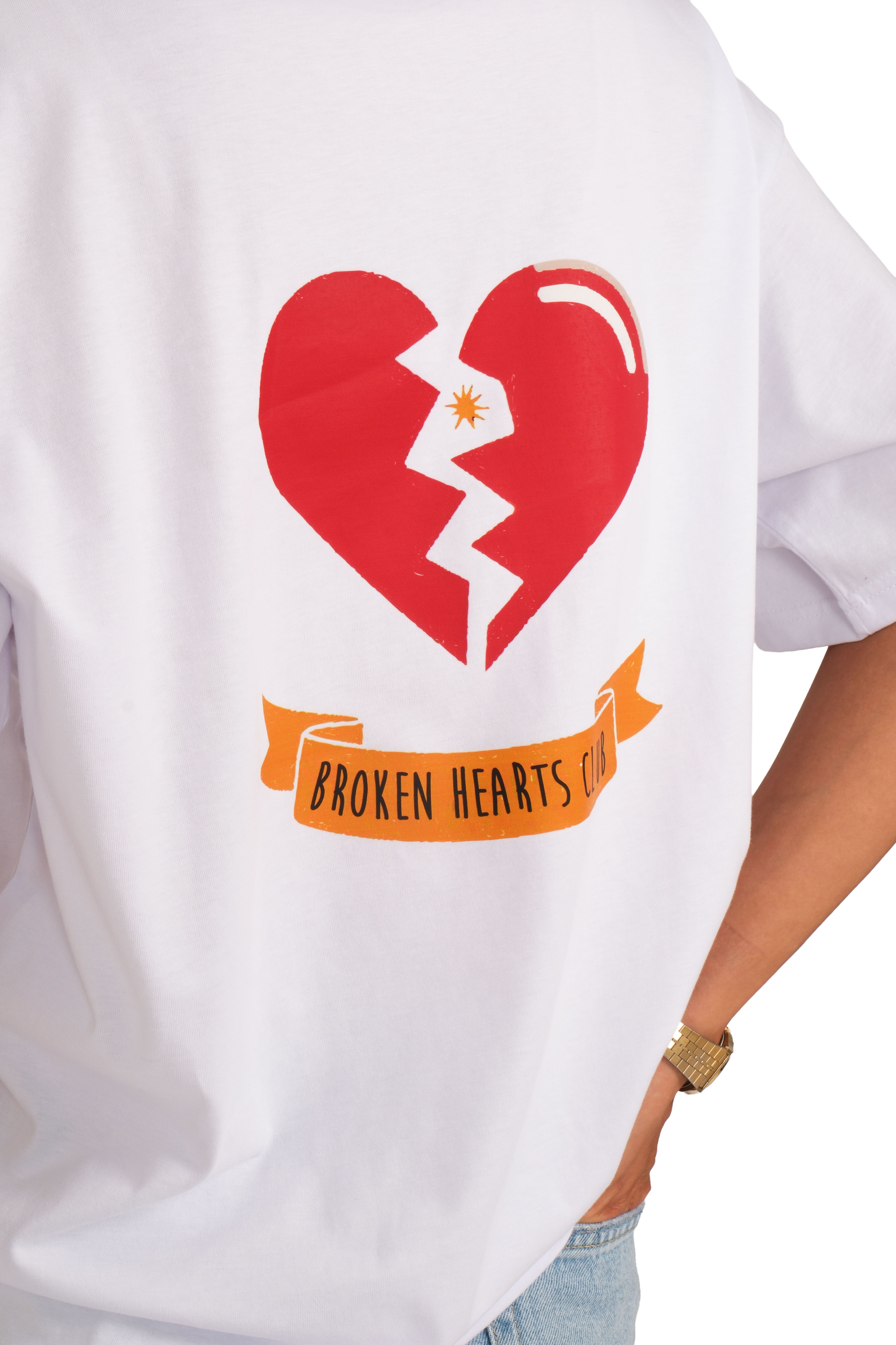 Broken Hearts Club Oversize Fit T-Shirt Kadın - Beyaz C101