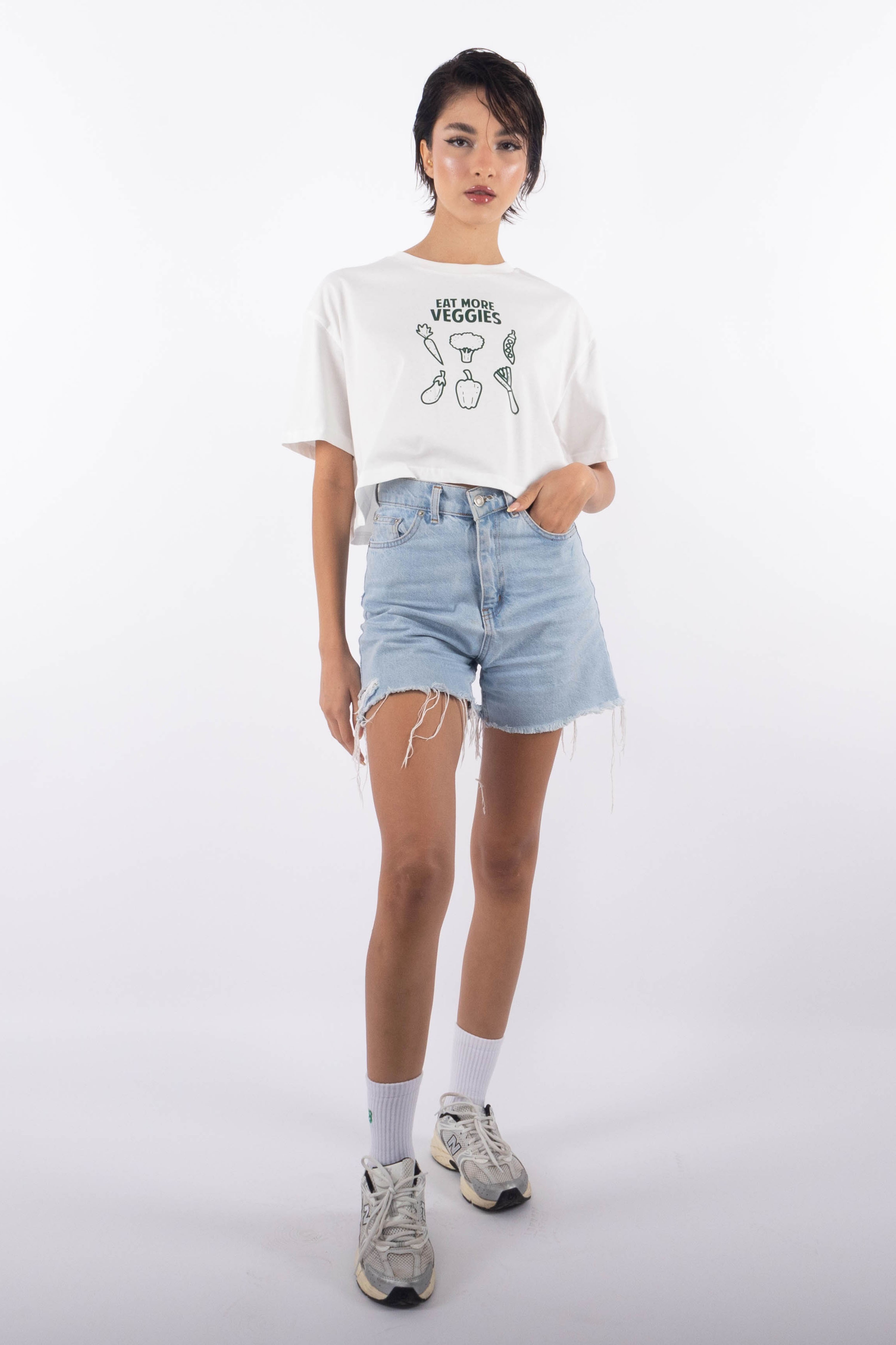 More Veggies Oversize Kadın Crop T-Shirt Ekru C509