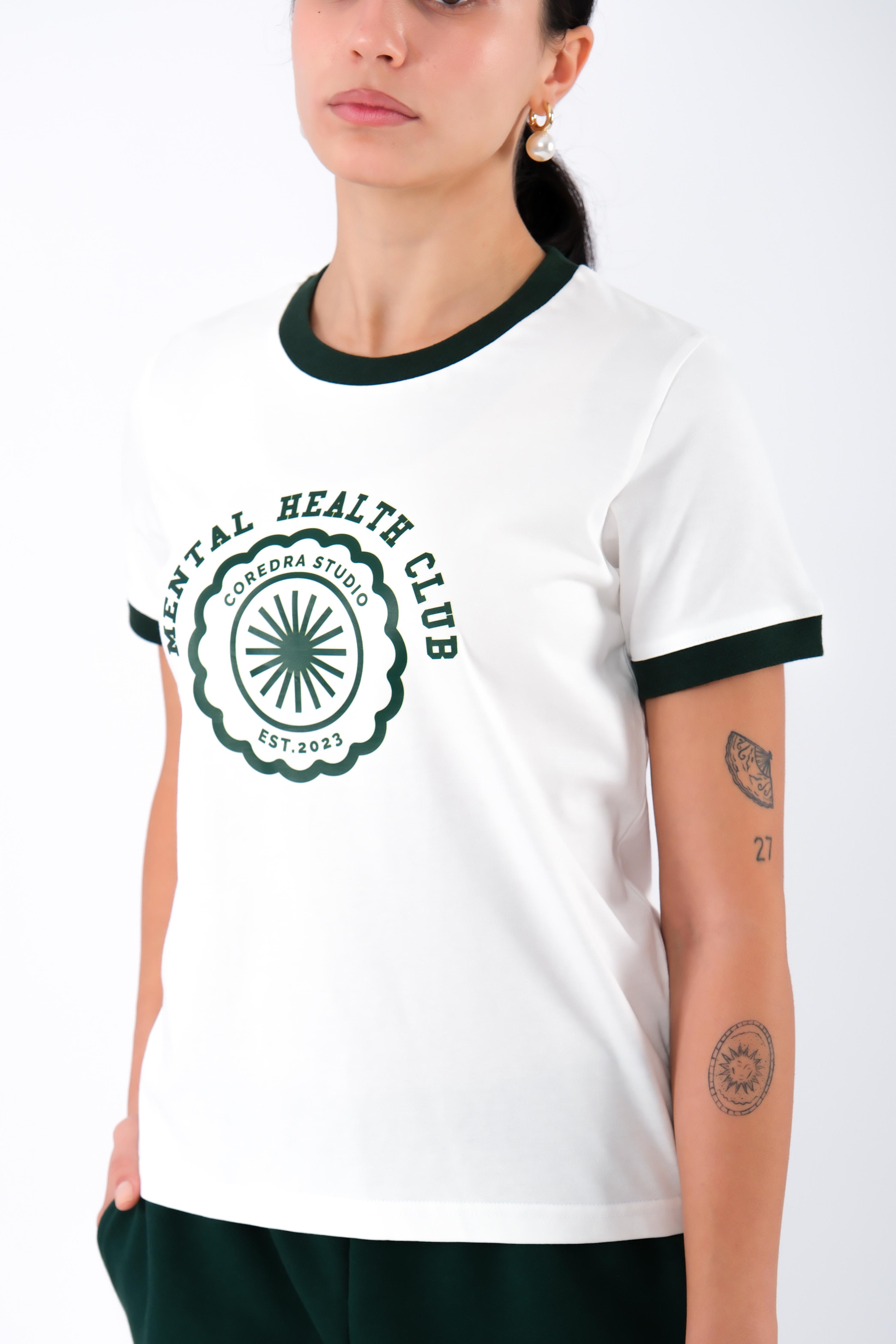 Regular Fit Yeşil Kontrast Ribanalı  Ekru T-Shirt Kadın - MENTAL HEALTH CLUB C502