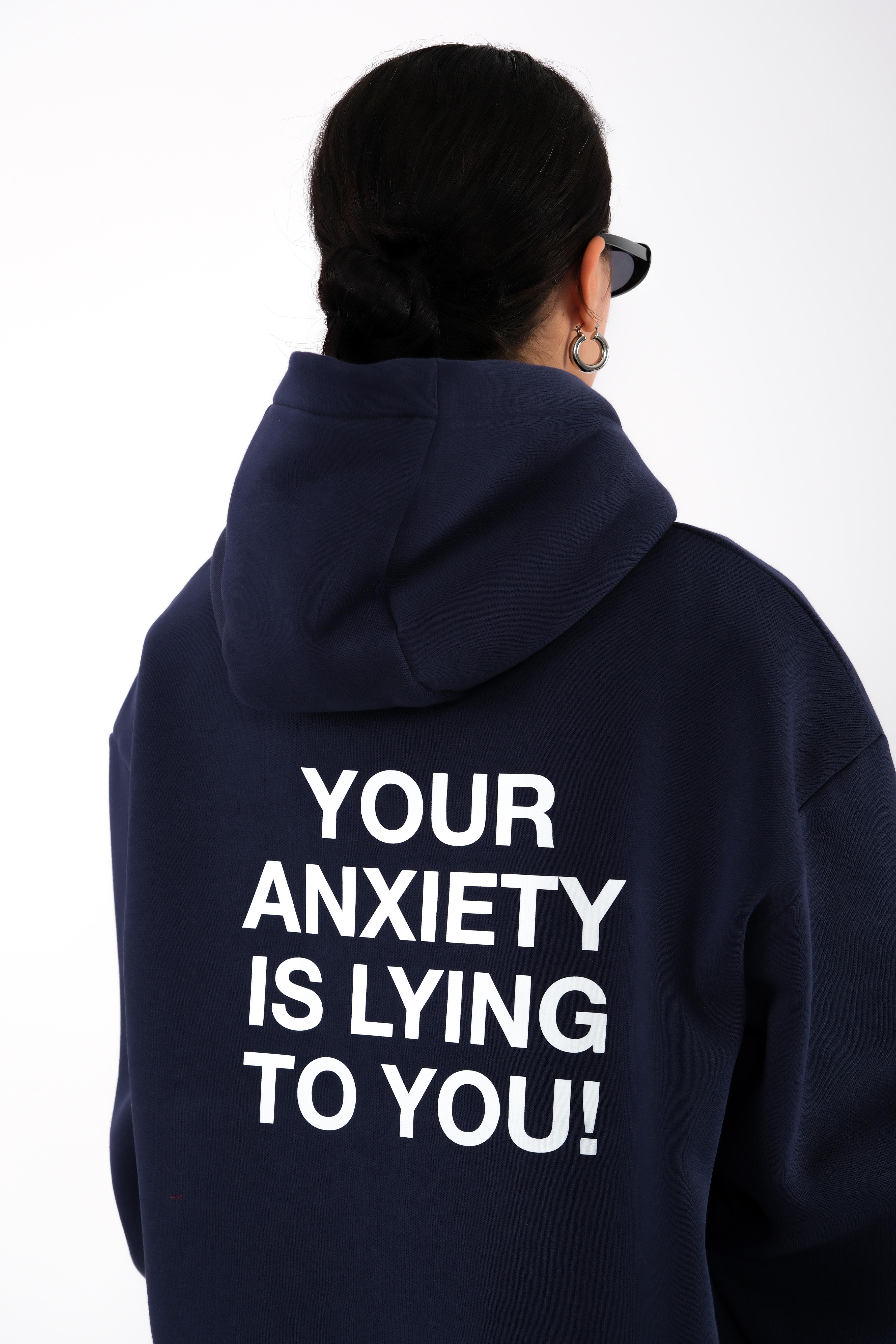 Anxiety Relaxed Fit Hoodie Kadın - Lacivert C503