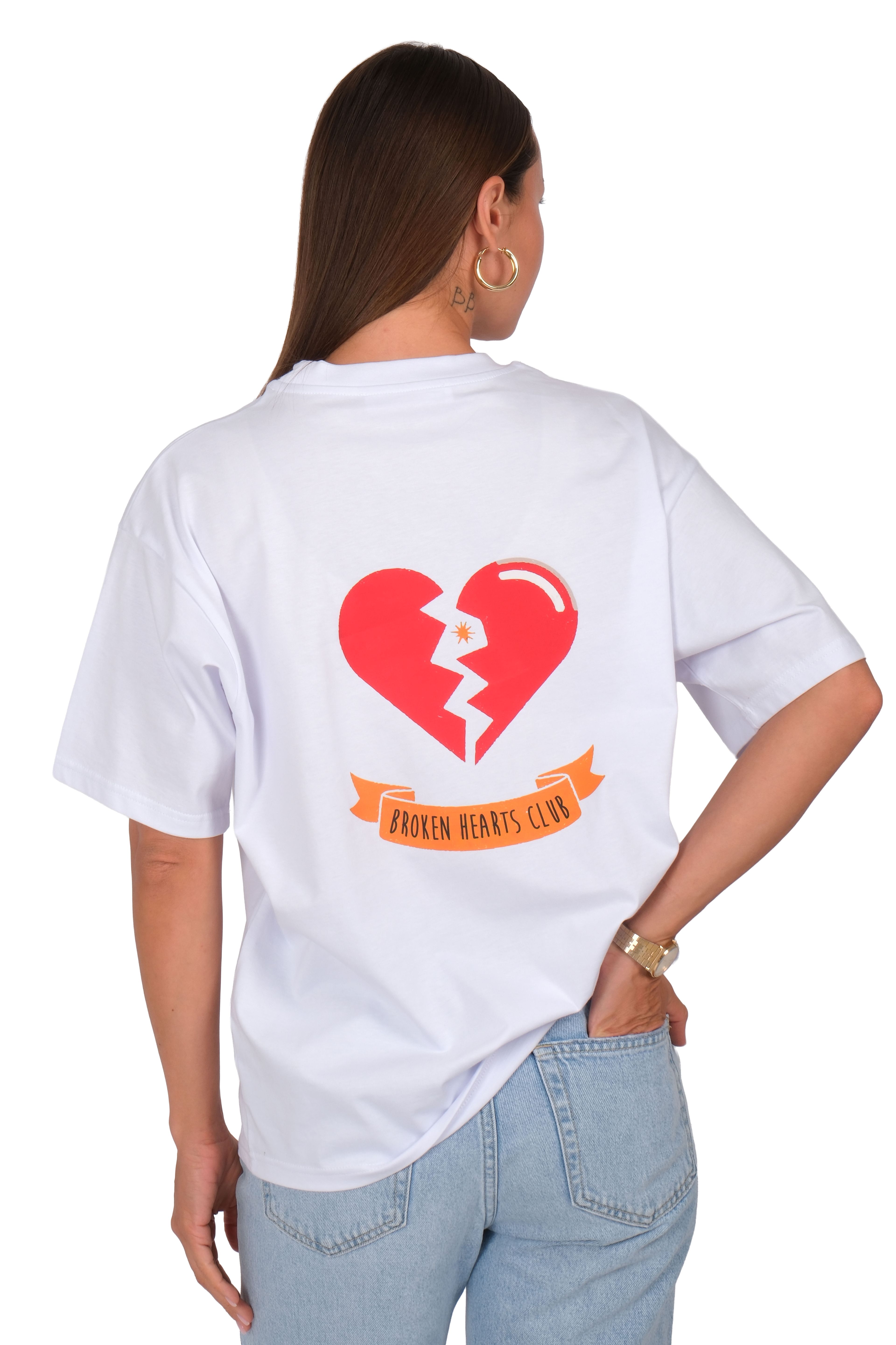 Broken Hearts Club Oversize Fit T-Shirt Kadın - Beyaz C101