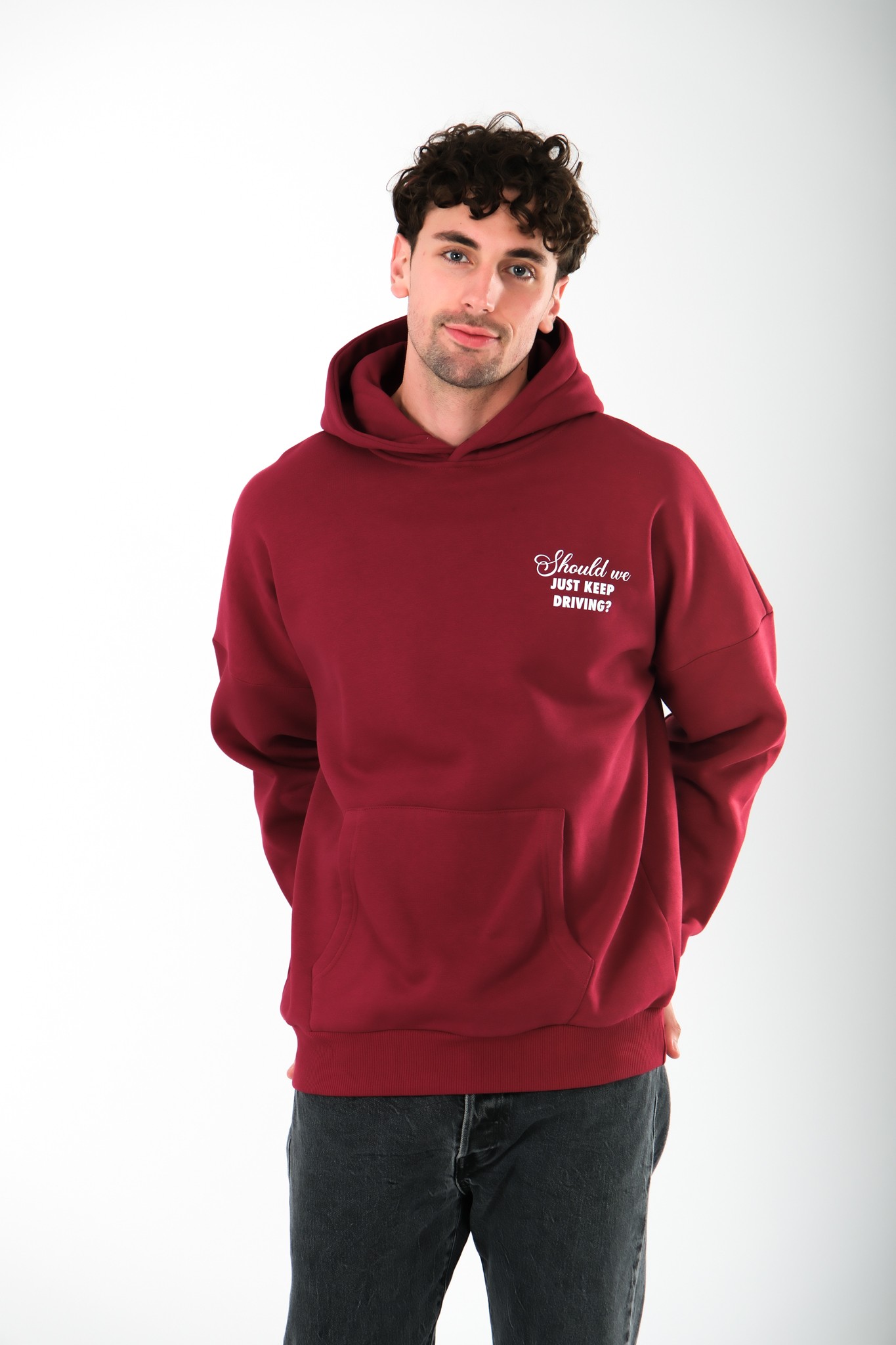 Just Keep Driving Oversize Fit Hoodie Erkek - Bordo C107