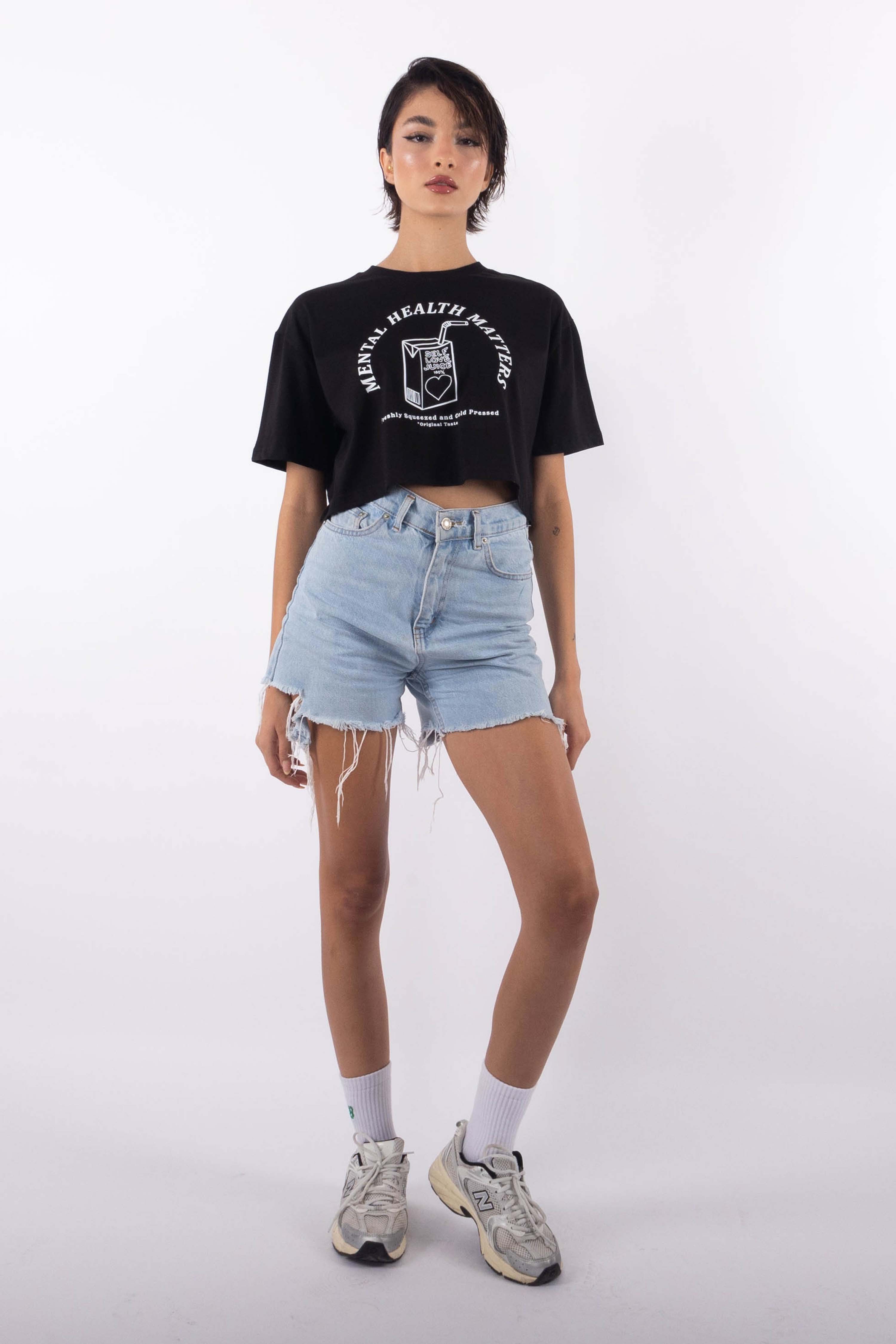 Juice Oversize Kadın Crop T-Shirt Siyah C509