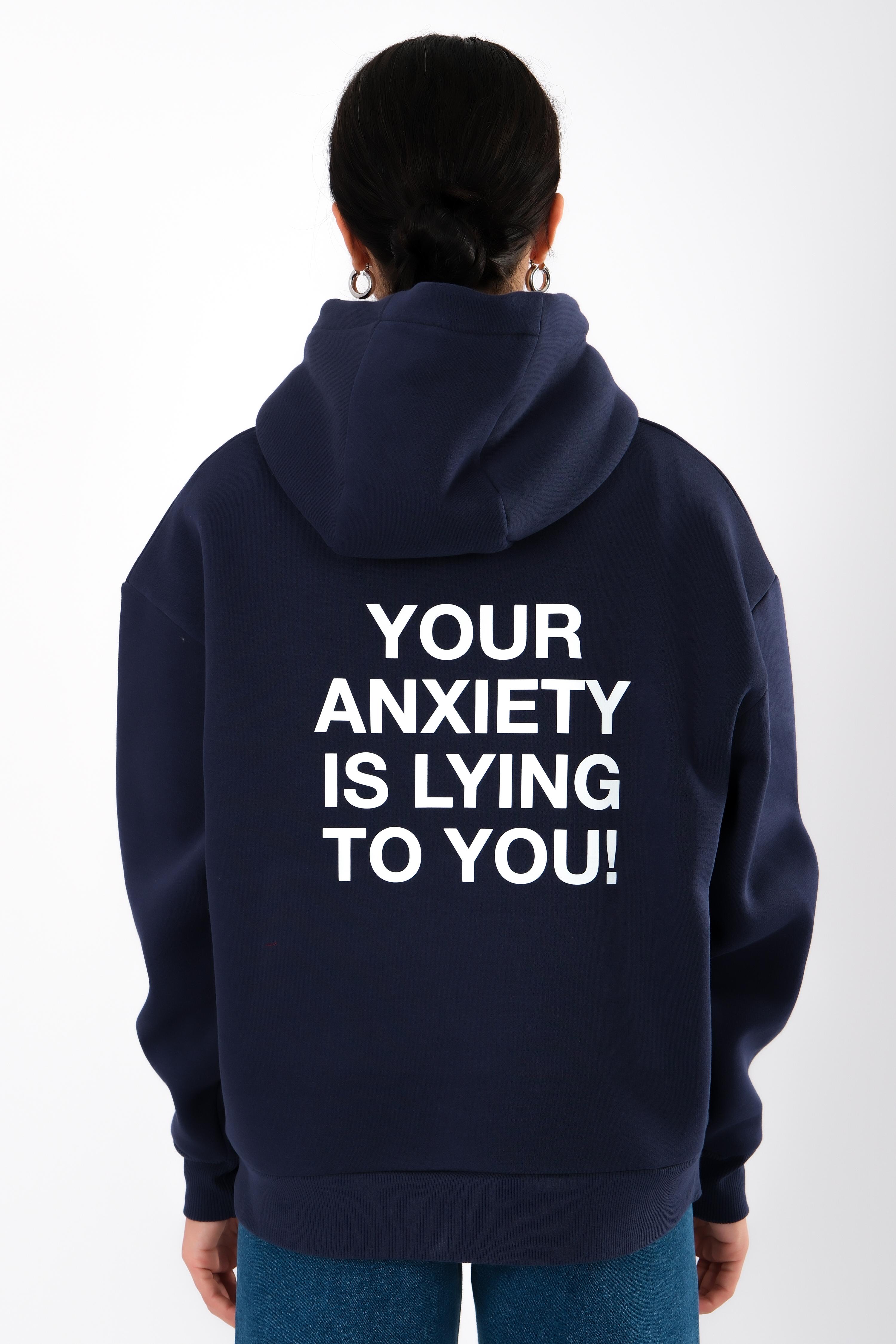 Anxiety Relaxed Fit Hoodie Kadın - Lacivert C503