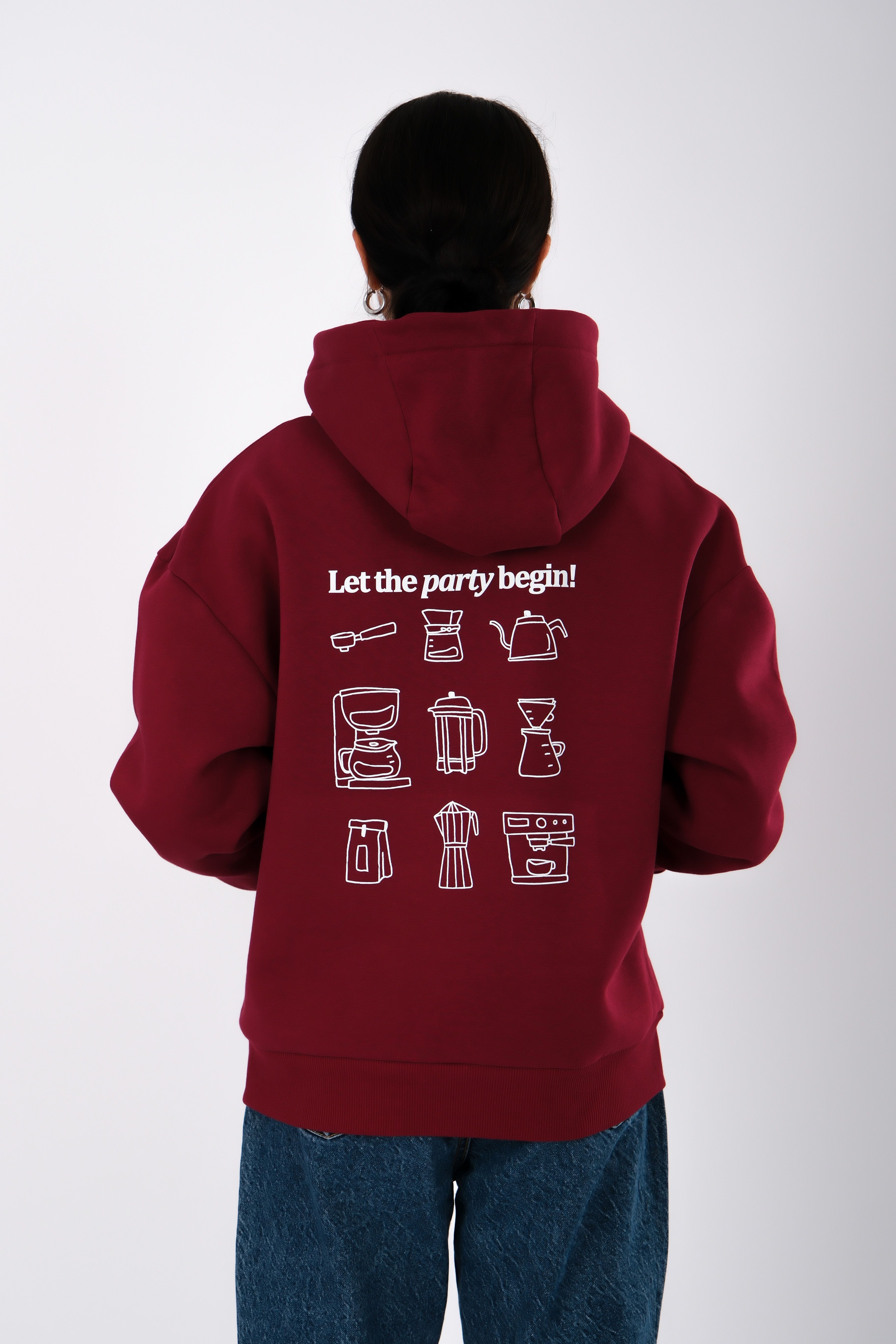 Coffee Party Relaxed Fit Hoodie Kadın - Bordo C503