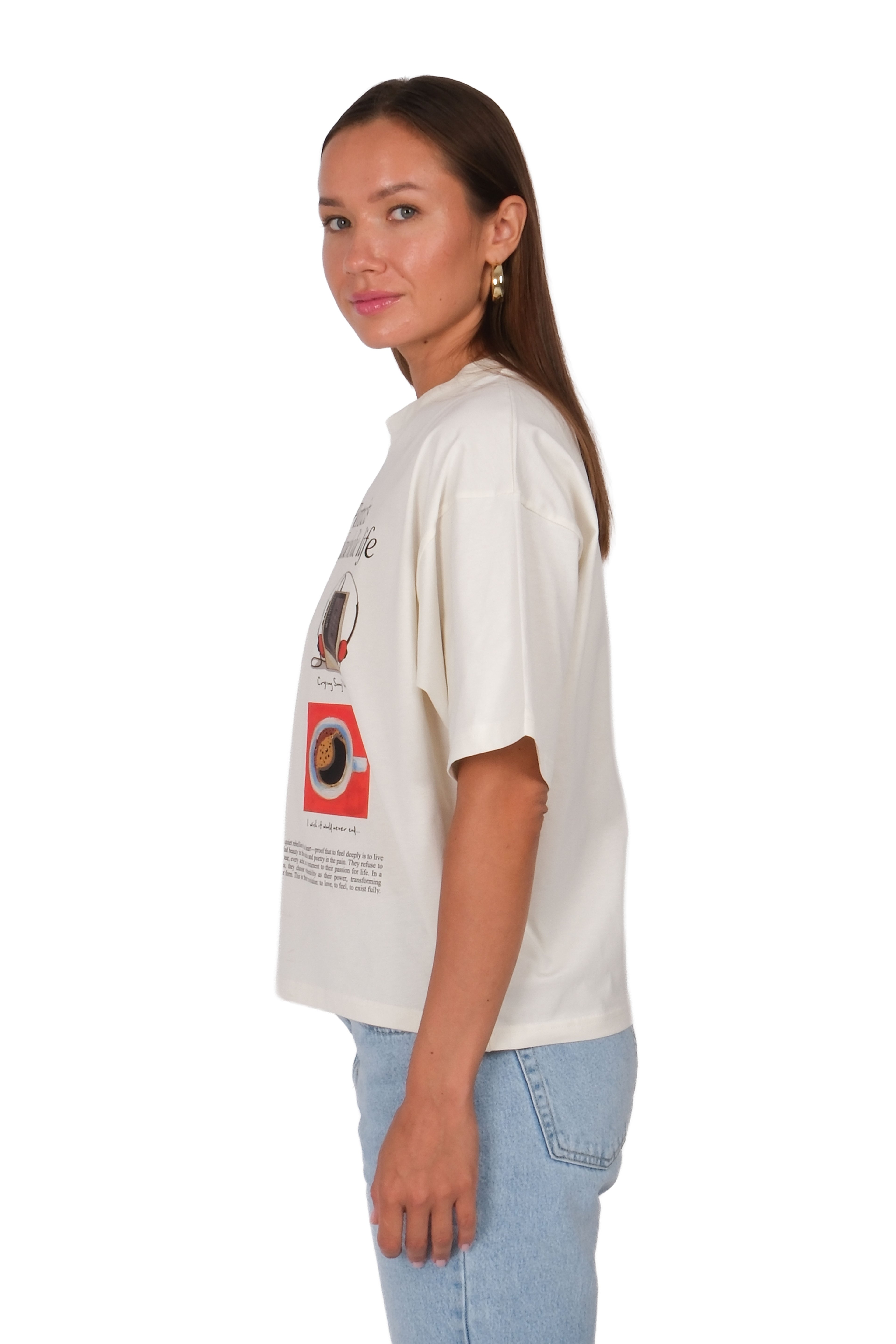 Melancholic Life Boxed Fit Kadın T-Shirt Ekru C590