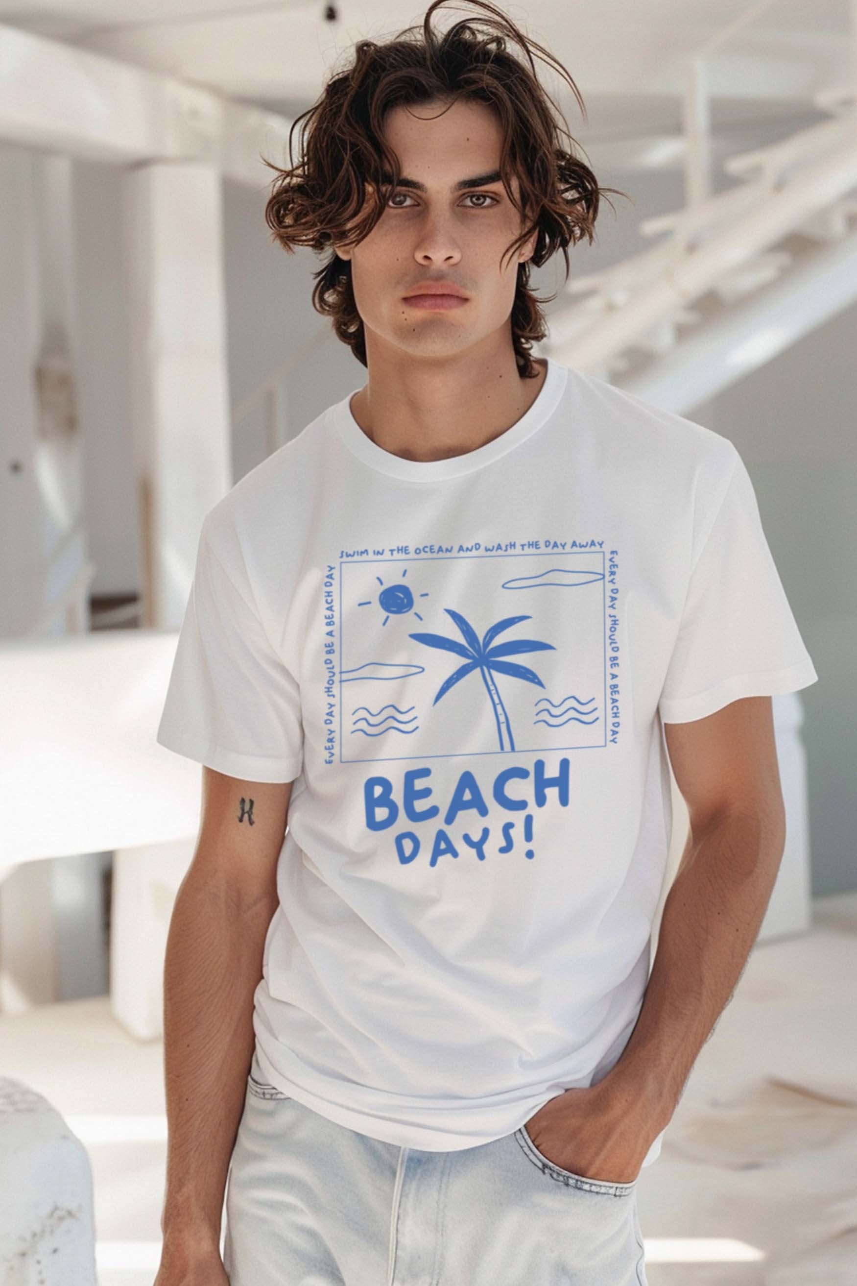 Beach Days Regular T-Shirt Erkek - Beyaz