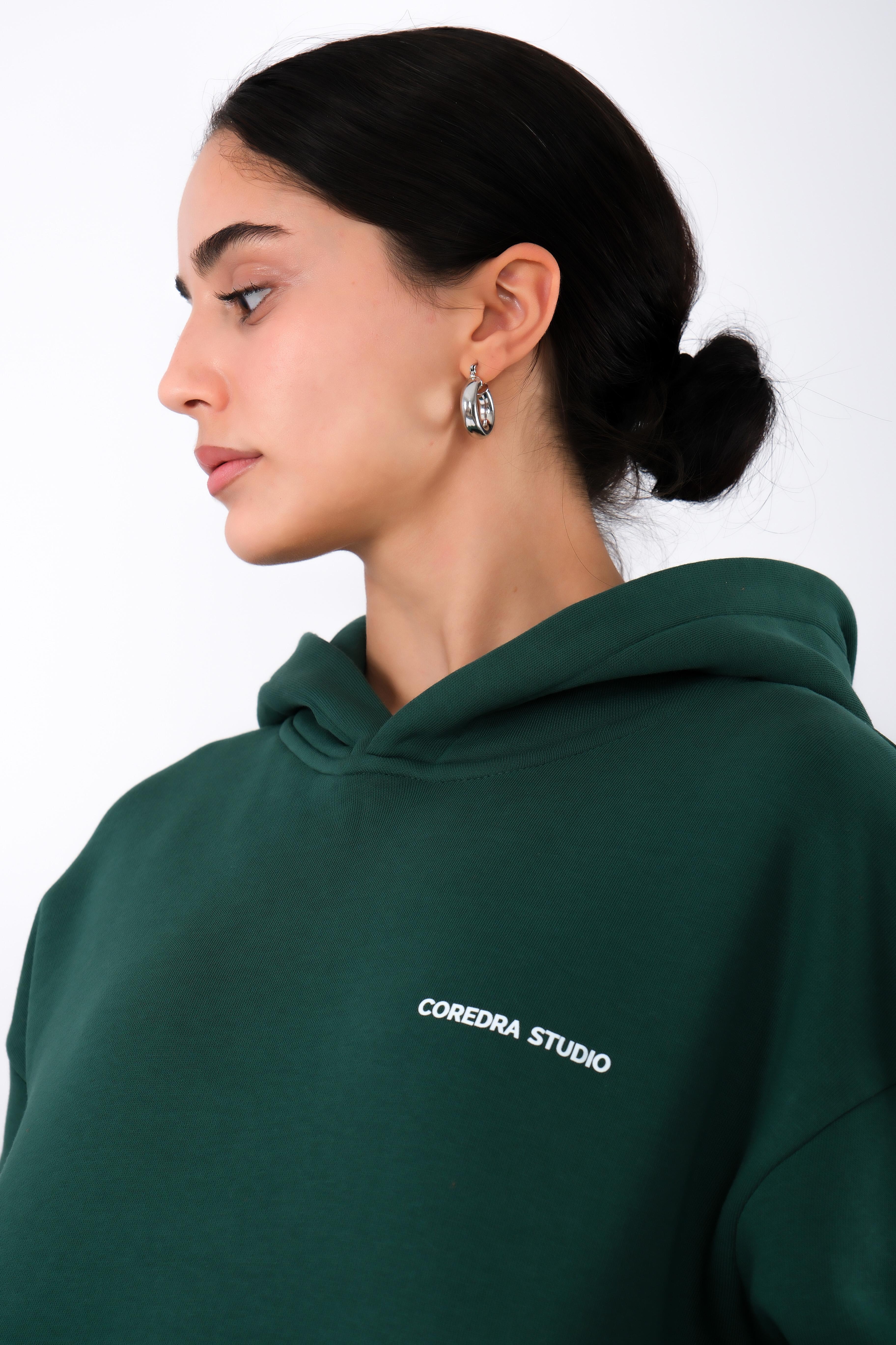 Coredra Studio Yeşil  - Relaxed Fit Hoodie Kadın C503