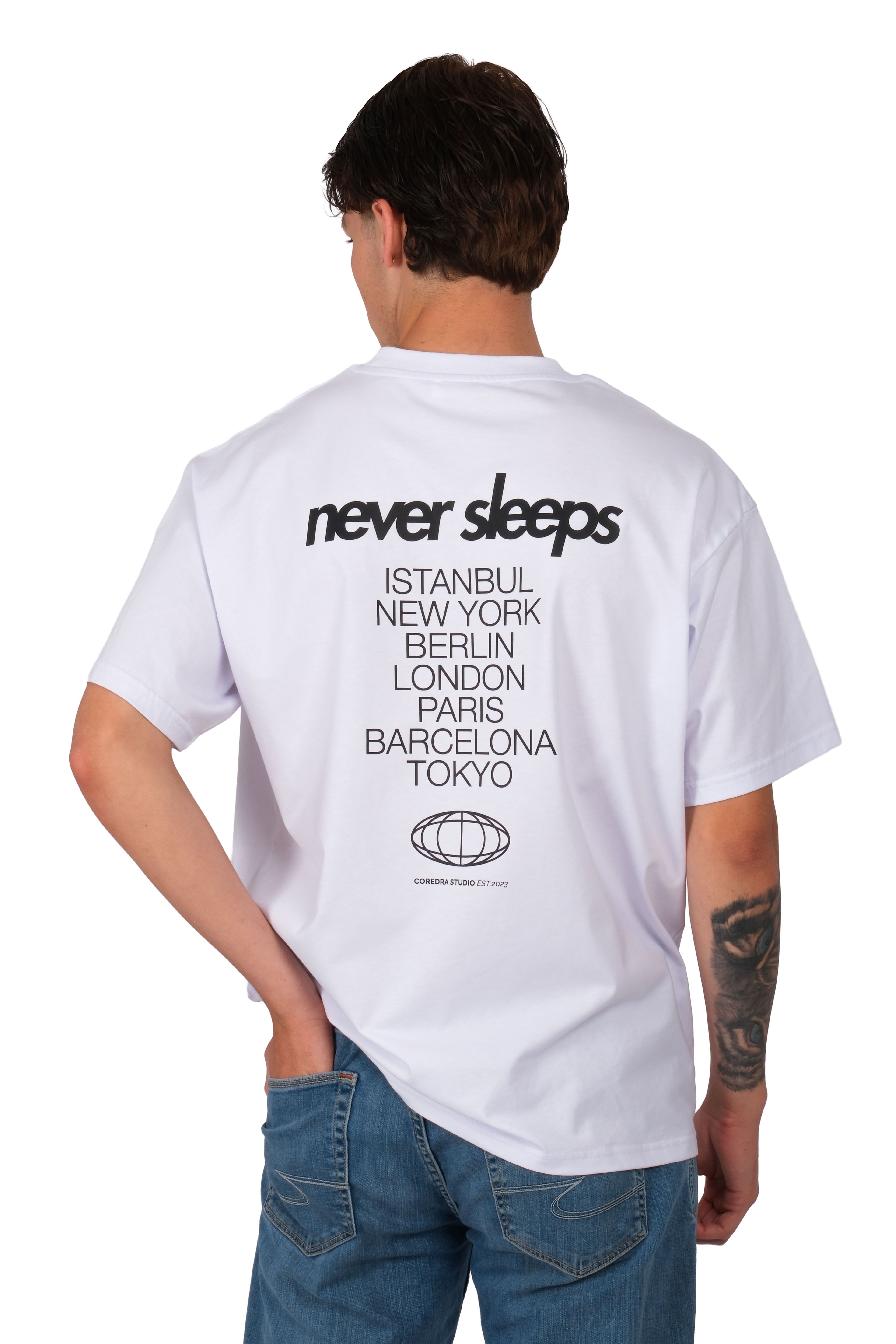 Never Sleeps Oversize T-Shirt Erkek - Beyaz C101