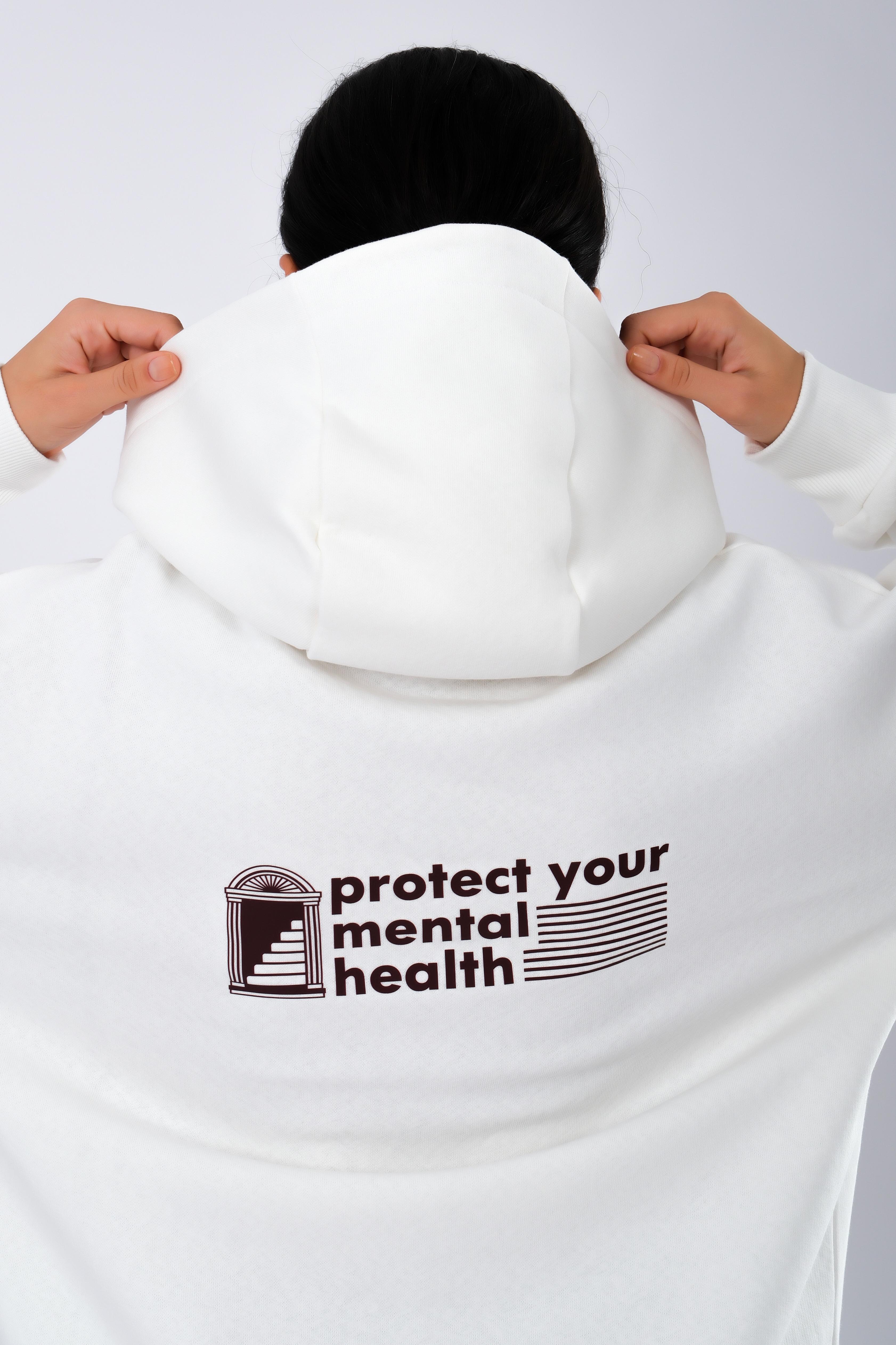 Protect Your Mental Health Relaxed Fit Hoodie Kadın - Ekru C503