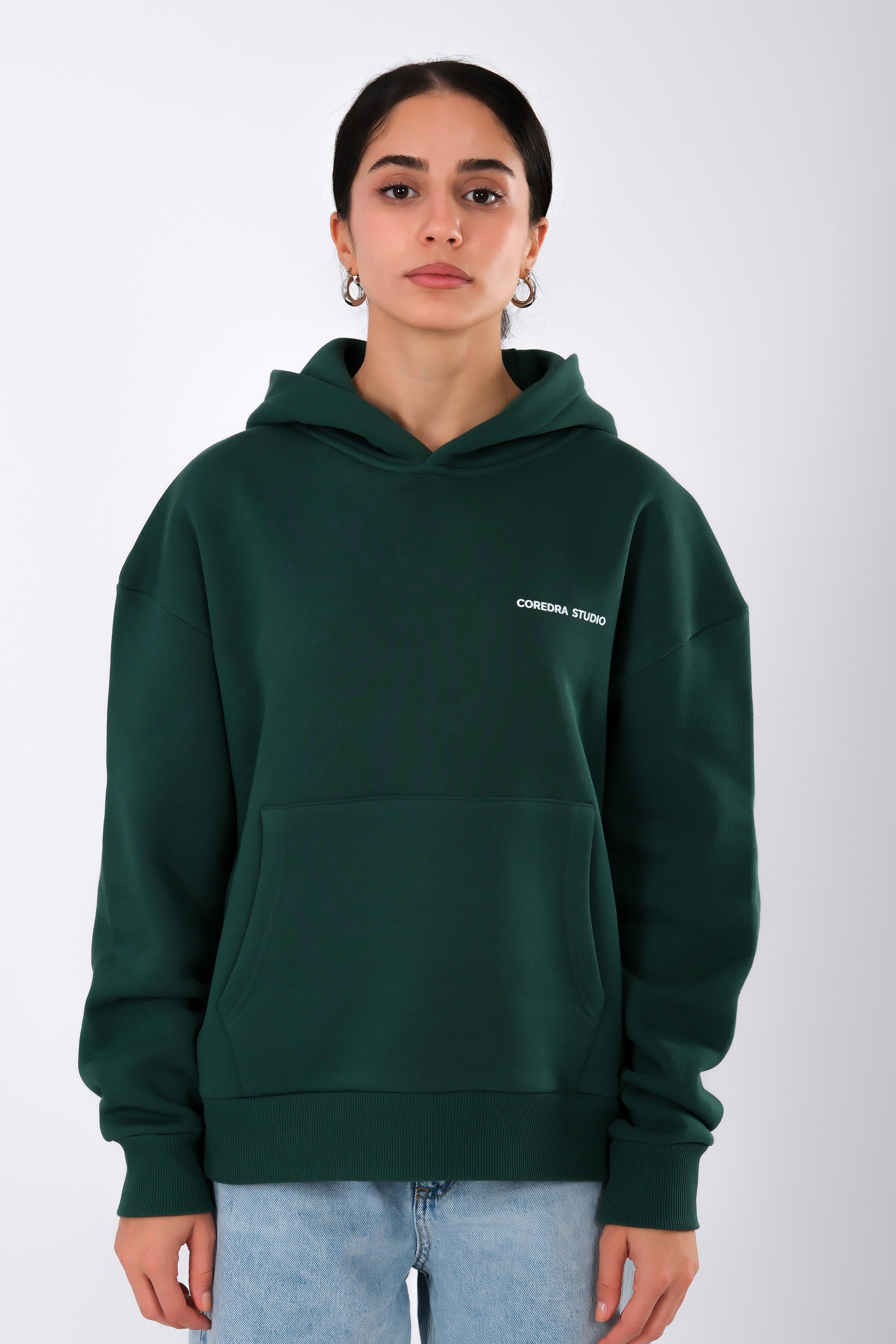 Coredra Studio Yeşil  - Relaxed Fit Hoodie Kadın C503