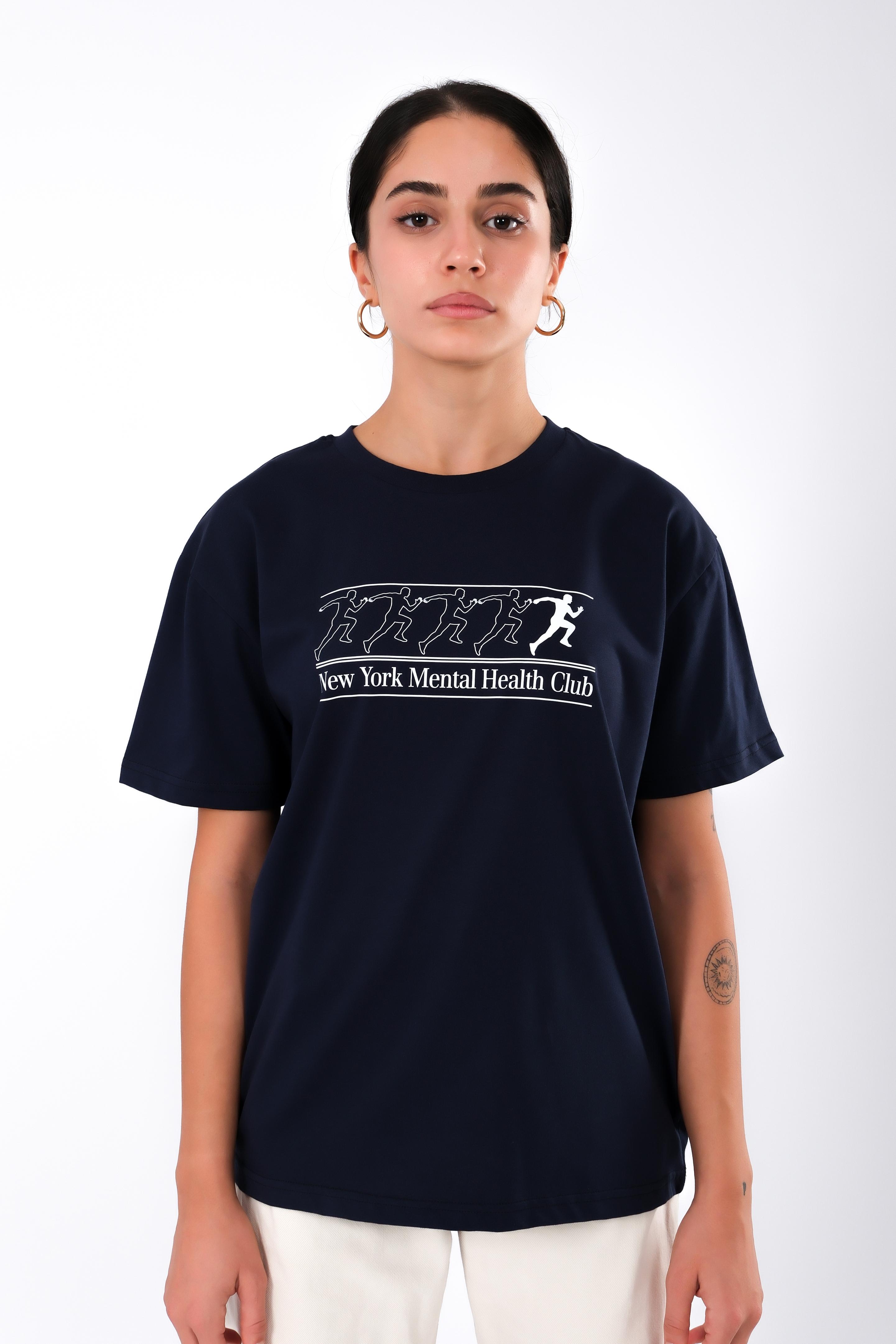 New York Mental Health Club Relaxed Fit Kadın T-Shirt - Lacivert C501