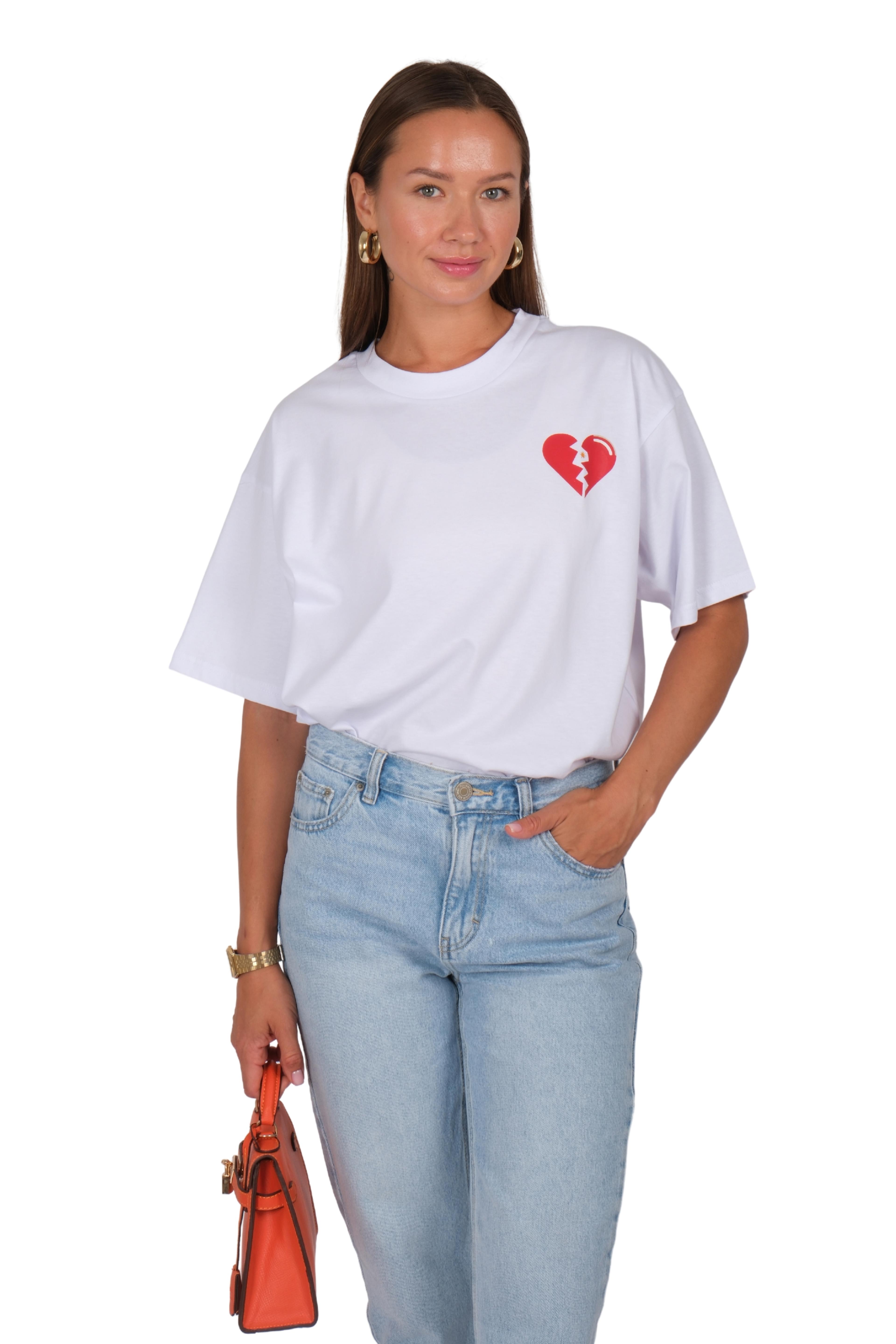 Broken Hearts Club Oversize Fit T-Shirt Kadın - Beyaz C101