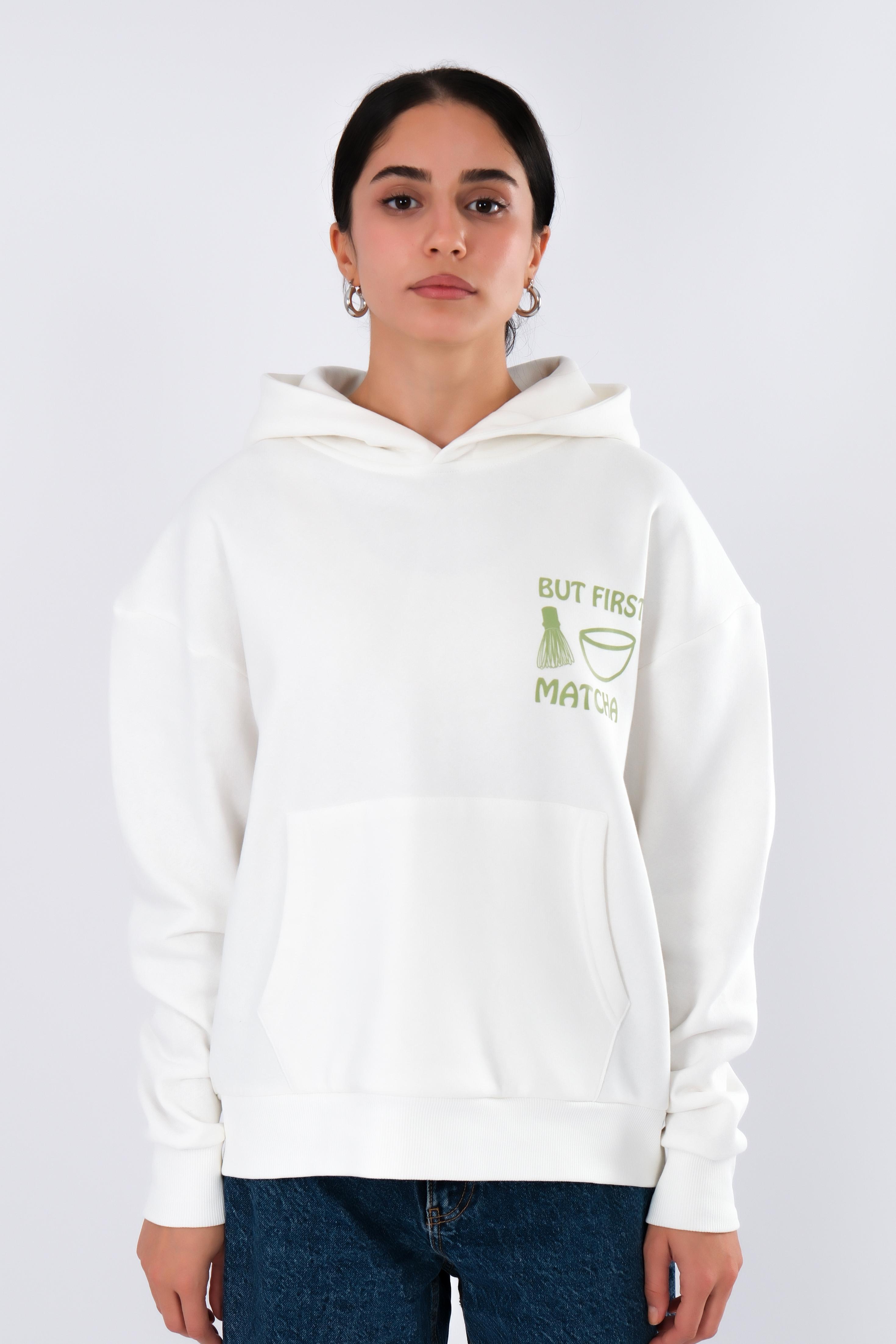 But First Matcha Relaxed Fit Hoodie Kadın - Ekru C503