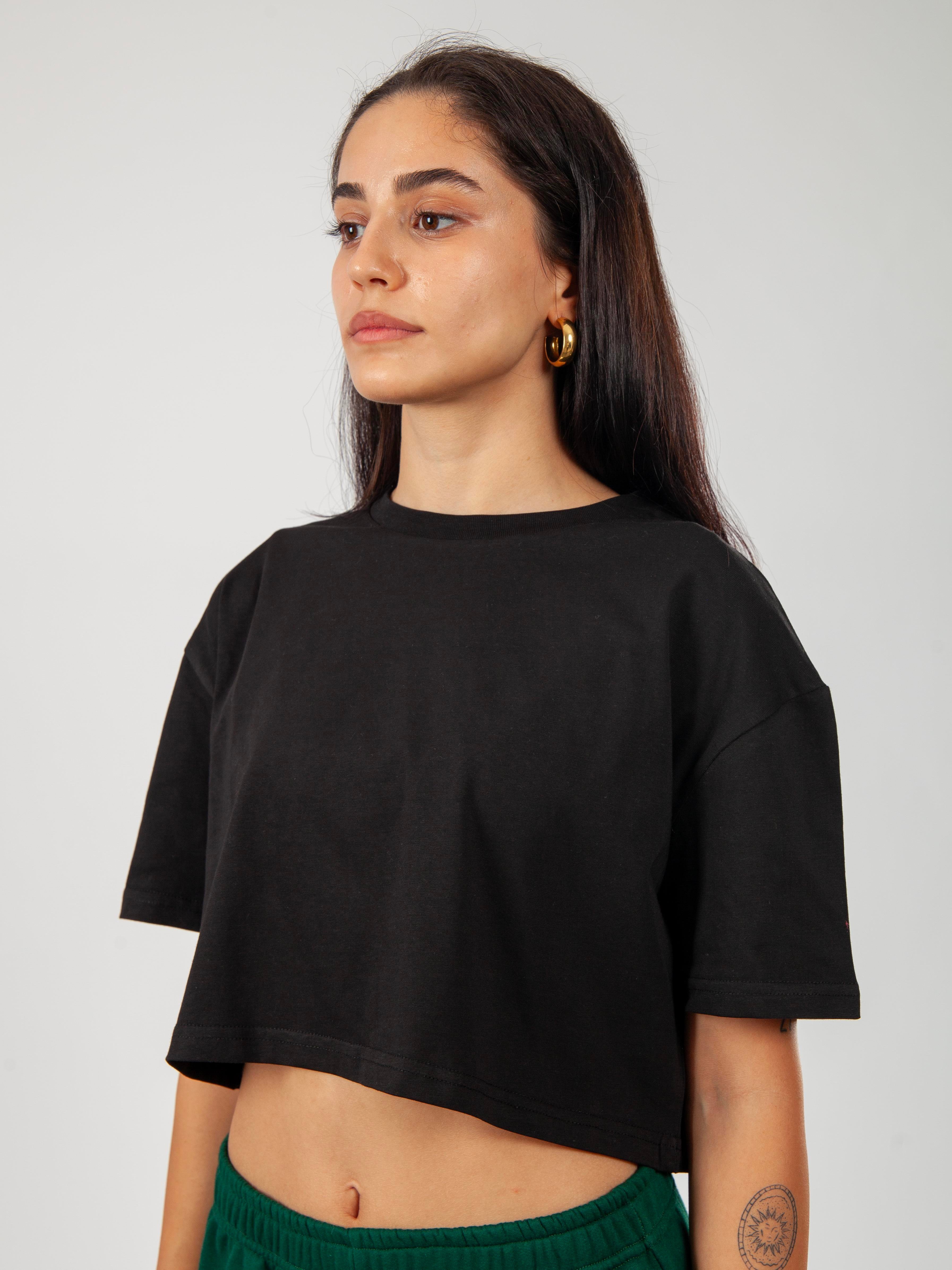 Oversize Kadın Crop T-Shirt Siyah C509