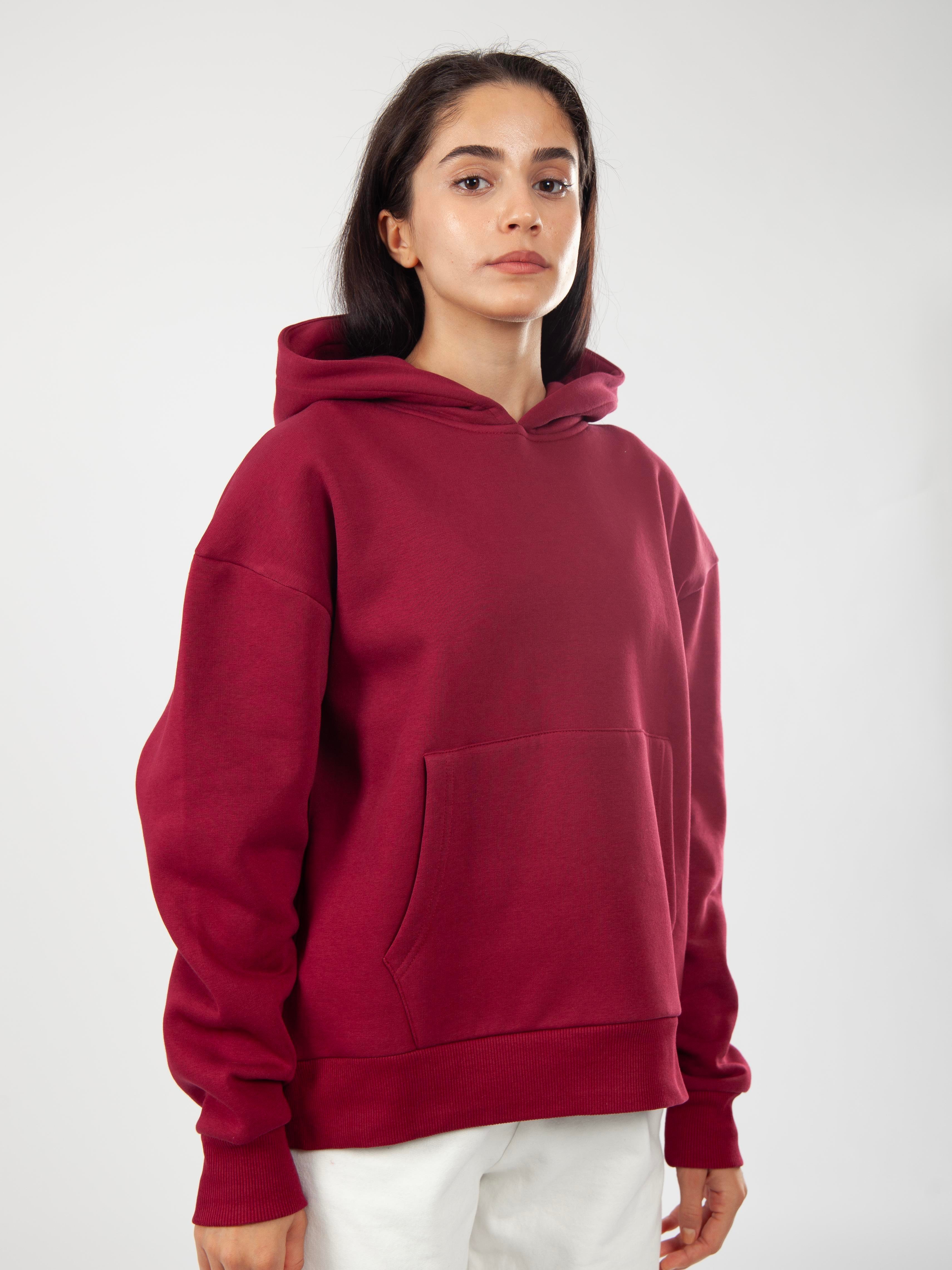 Basic Kadın Relaxed Fit Hoodie - Bordo C503