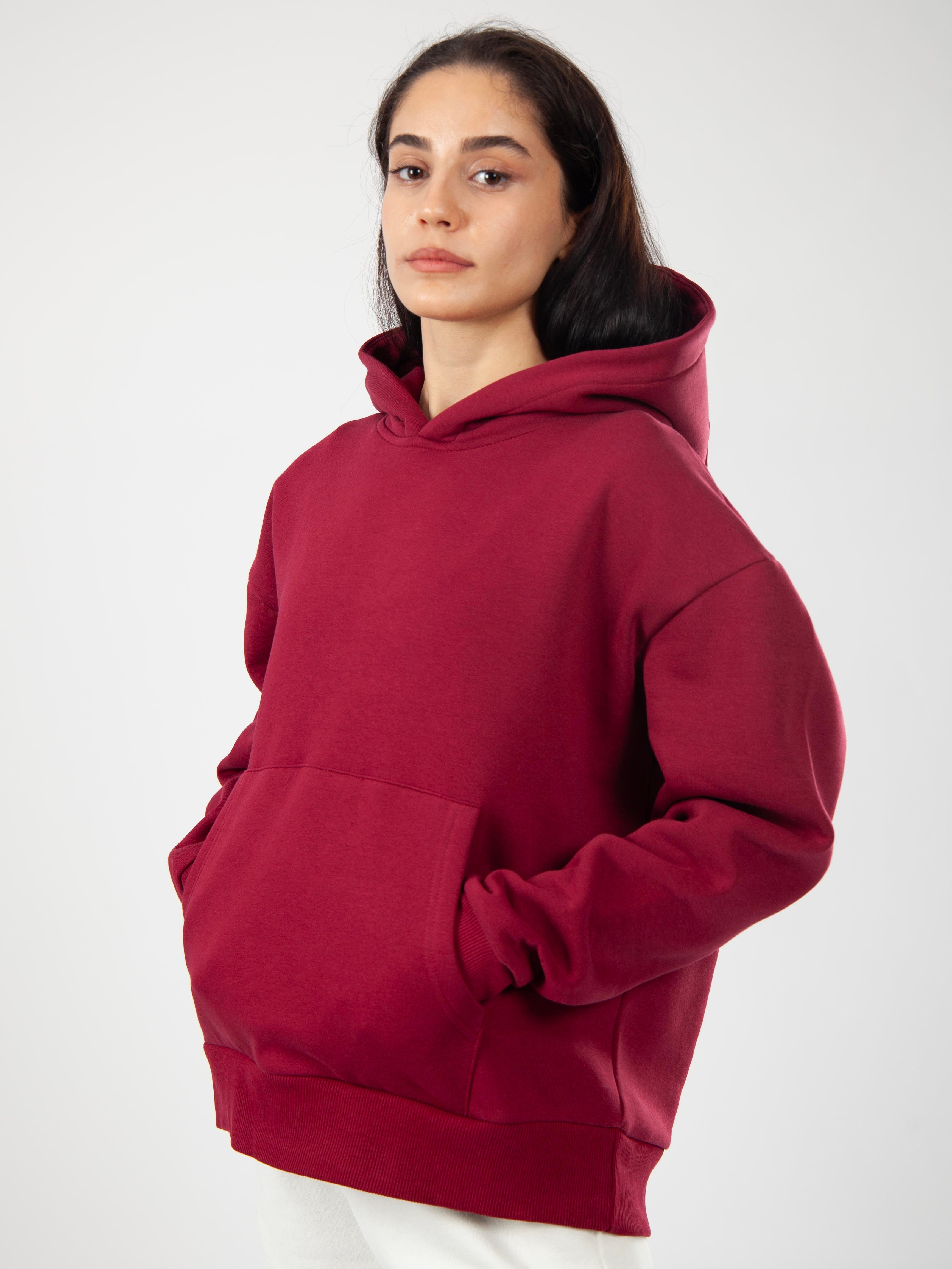 Basic Kadın Relaxed Fit Hoodie - Bordo C503