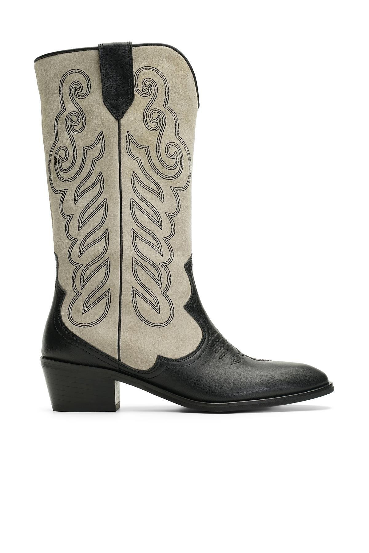 Jabotter Gillian Black Leather Beige Suede Cowboy Boots