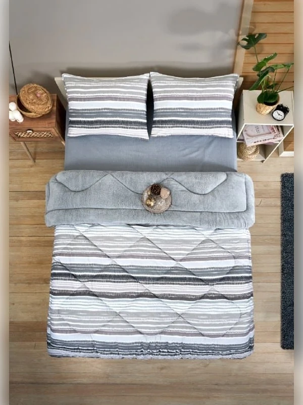 Battal Boy Çift Taraflı Lüx Welsoft Yorgan Elit Pofuduk Yumuşak Polar Yorgan ve Yastık Kılıfı - TASEL GRİ