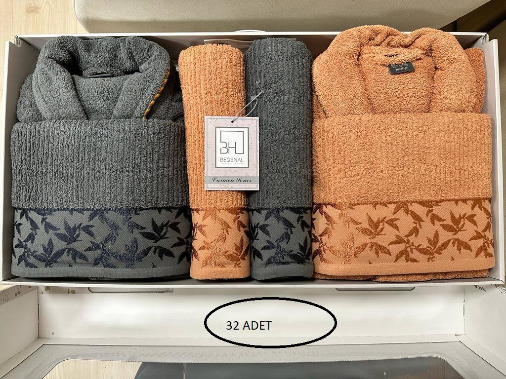 Pamuklu Jakarlı Carmen 6 Parca Aile Bornoz Setleri - ANTRASİT KİREMİT