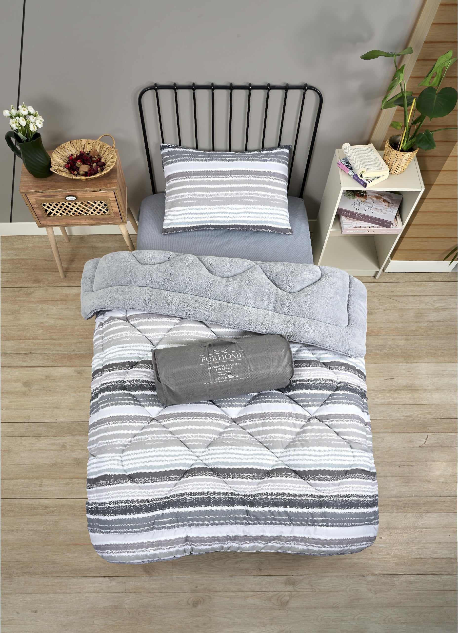 Tek Kişilik Yorgan Çift Taraflı Lüx Welsoft  Elit Yorgan Pofuduk Yumuşak Yorgan ve Yastık Kılıfı - TASEL GRİ