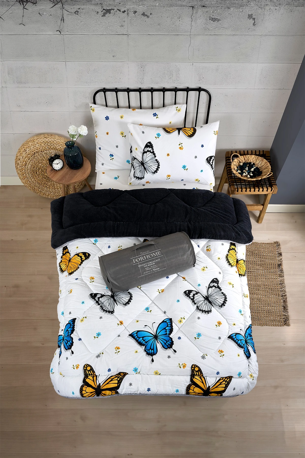 Tek Kişilik Uyku Seti Çift Taraflı Wellsoft Pofuduk Polar Yorgan Yastık Kılıfı ve 100x200 Lastikli Çarşaf - KELEBEK FÜME