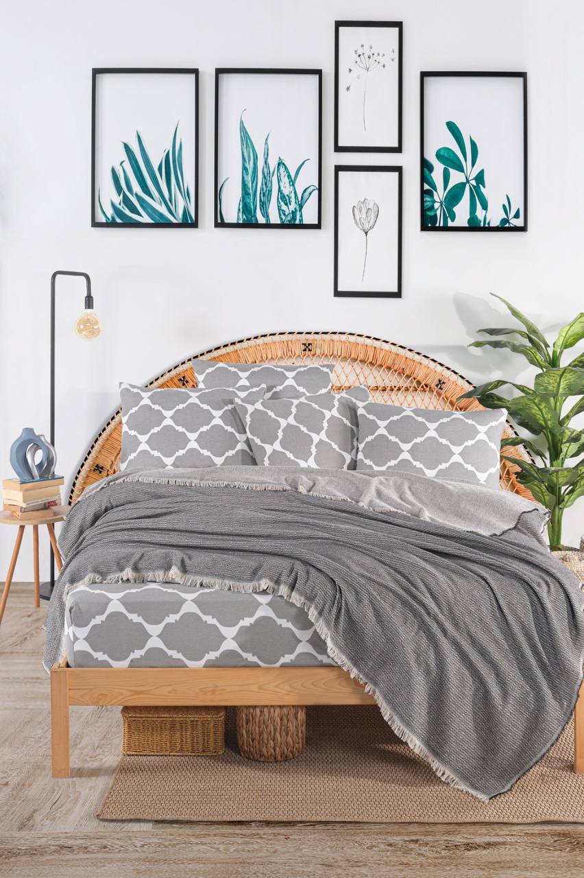 Oslo Pamuklu Çift Kişilik Lastikli Çarşaflı Pike Takımı - OSLO GRİ