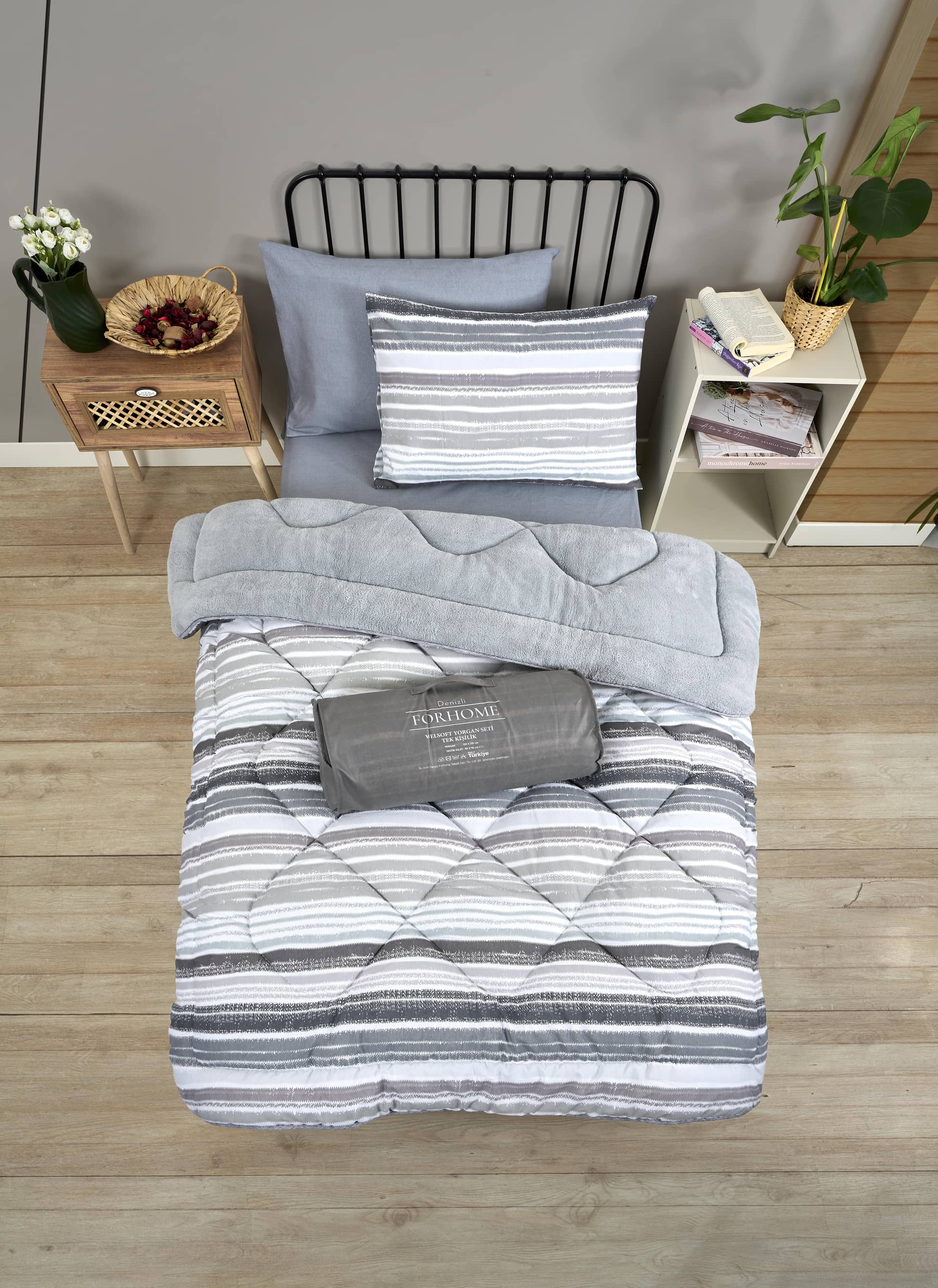 Tek Kişilik Uyku Seti Çift Taraflı Wellsoft Pofuduk Polar Yorgan Yastık Kılıfı ve 100x200 Lastikli Çarşaf - TASEL GRİ
