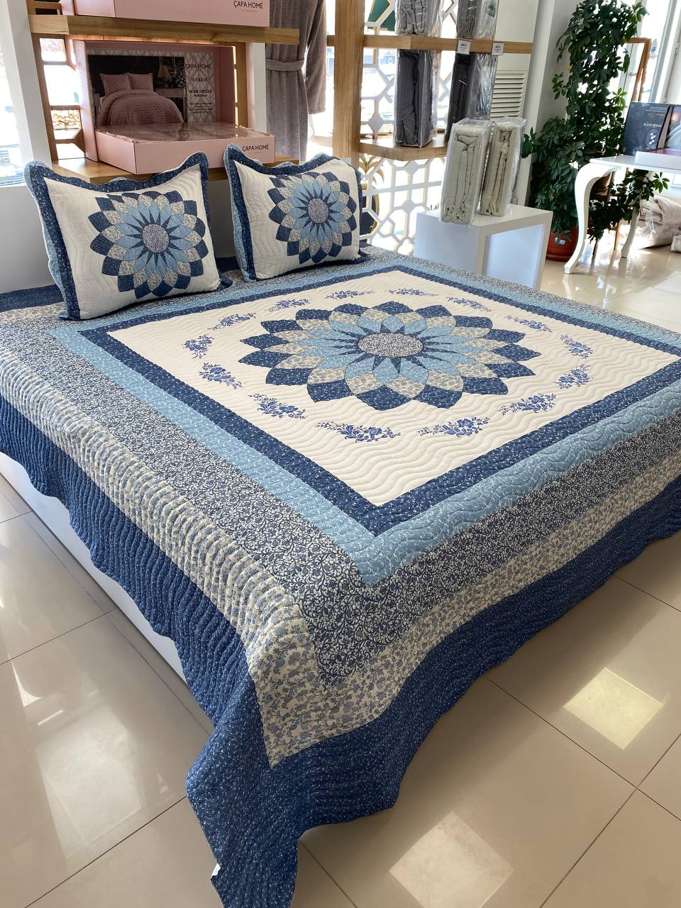 Çift Kişilik Battal Boy  Yatak Örtüsü Takımı Gloria Mavi