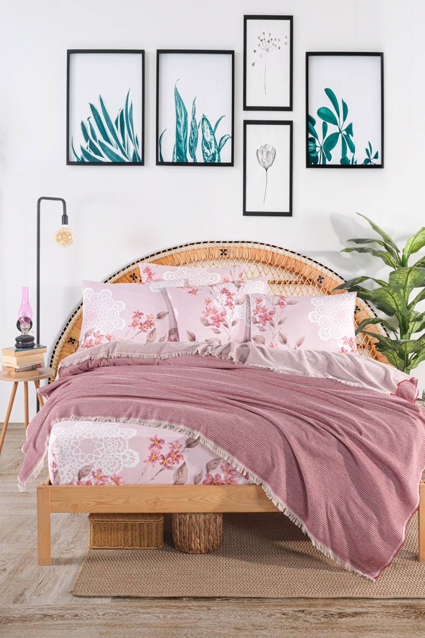 Oslo Pamuklu Çift Kişilik Lastikli Çarşaflı Pike Takımı - OSLO PUDRA