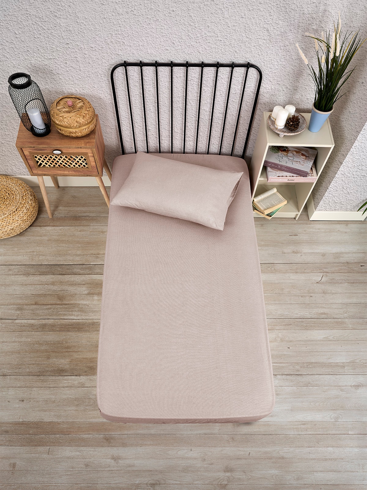 Tek Kişilik Pamuklu Düz Renk Fitted Lastikli Çarşaf Takımı - Bej