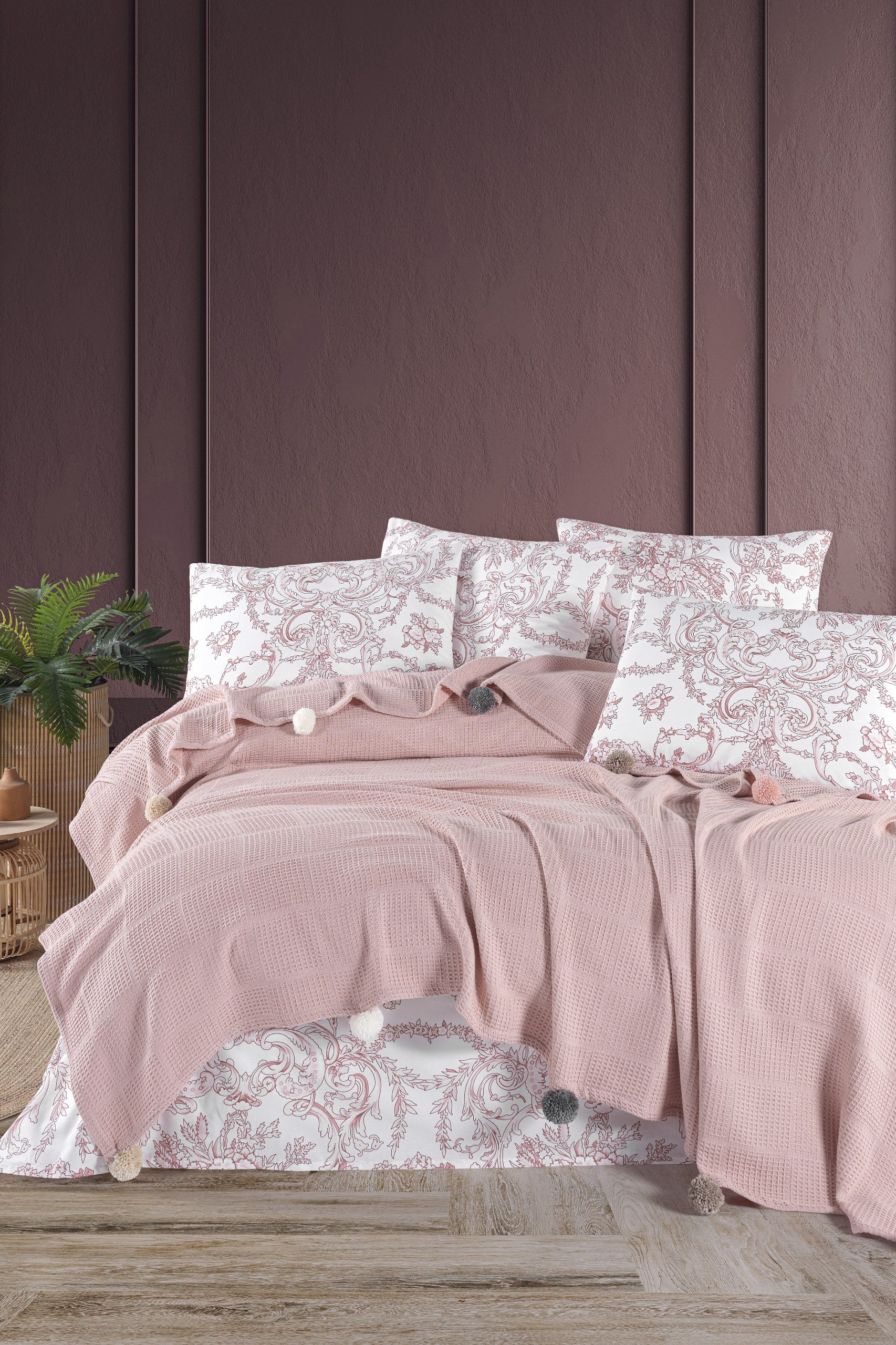 Soho Serisi Çift Kişilik Ponponlu Çeyizlik Pike Takımı - Pudra