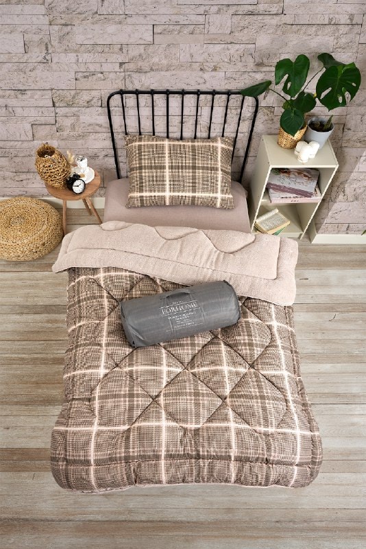 Tek Kişilik Yorgan Çift Taraflı Lüx Welsoft  Elit Yorgan Pofuduk Yumuşak Yorgan ve Yastık Kılıfı - SAFİR BEJ