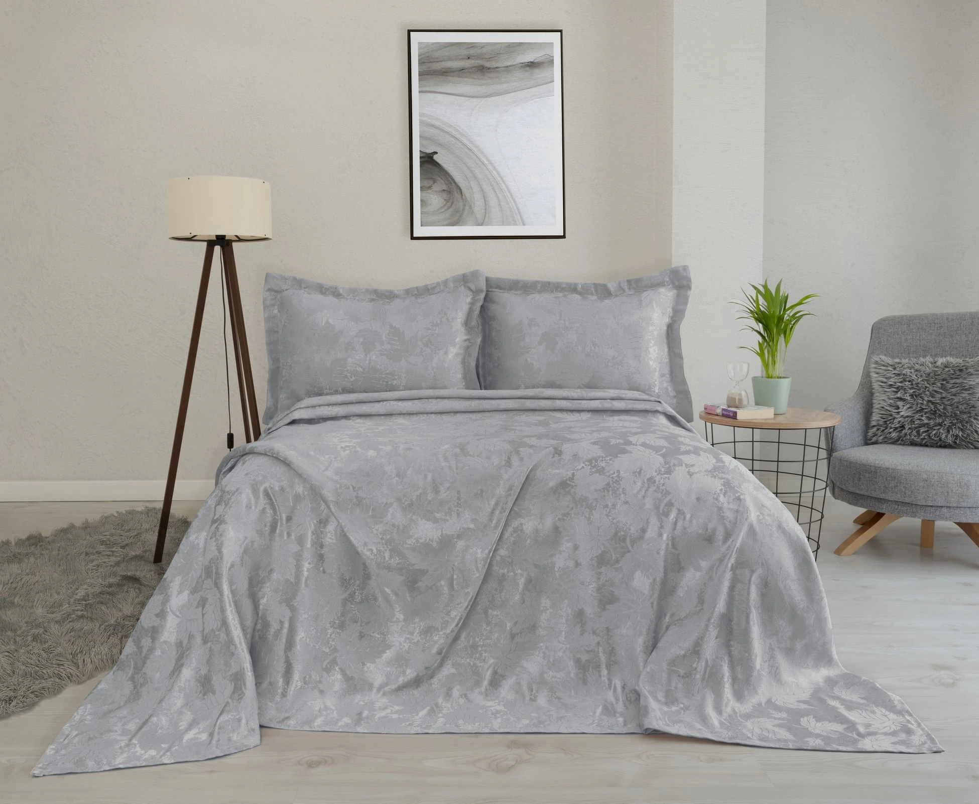 Jakarlı Şönil Kumaş Avangard Çeyizlik Yatak Örtüsü Takımı Çınar Yaprağı Desenli Gri