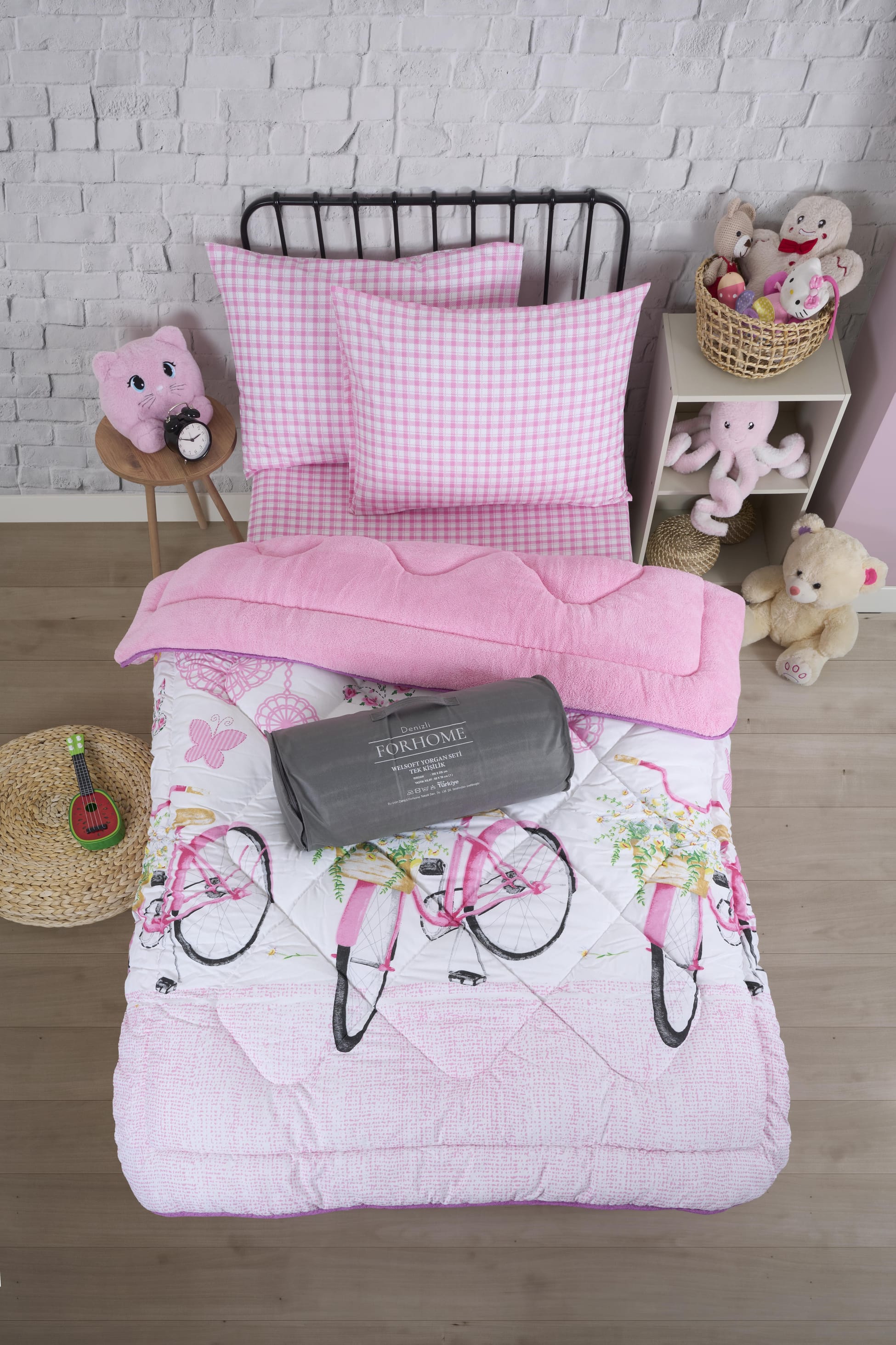 Tek Kişilik Uyku Seti Çift Taraflı Wellsoft Pofuduk Polar Yorgan Yastık Kılıfı ve 100x200 Lastikli Çarşaf - BİSİKLET PEMBE