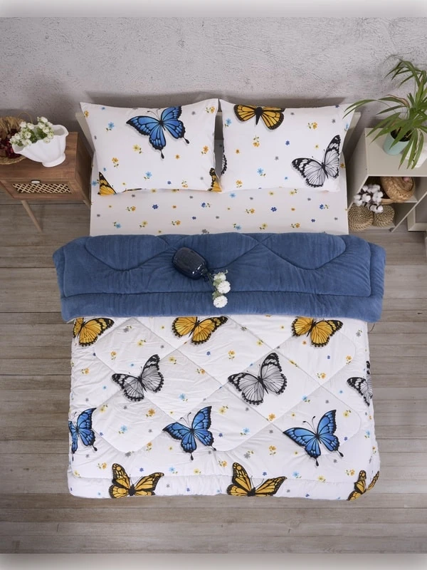 Çift Kişilik Çift Taraflı Lüx Welsoft Elit Yorgan Seti - KELEBEK İNDİGO