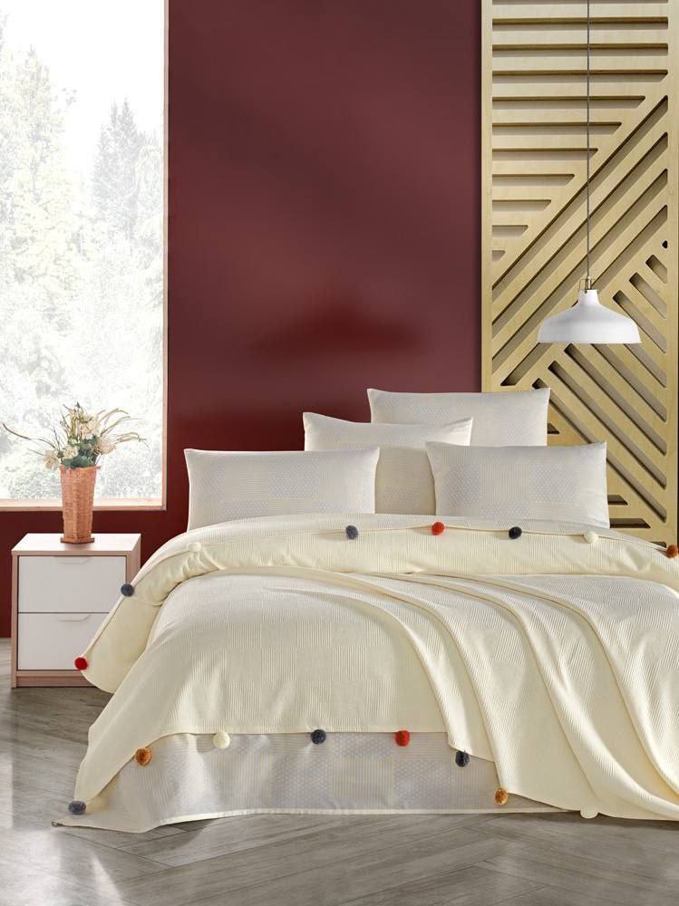 Tek Kişilik Ponponlu Pike Takımı - KREM