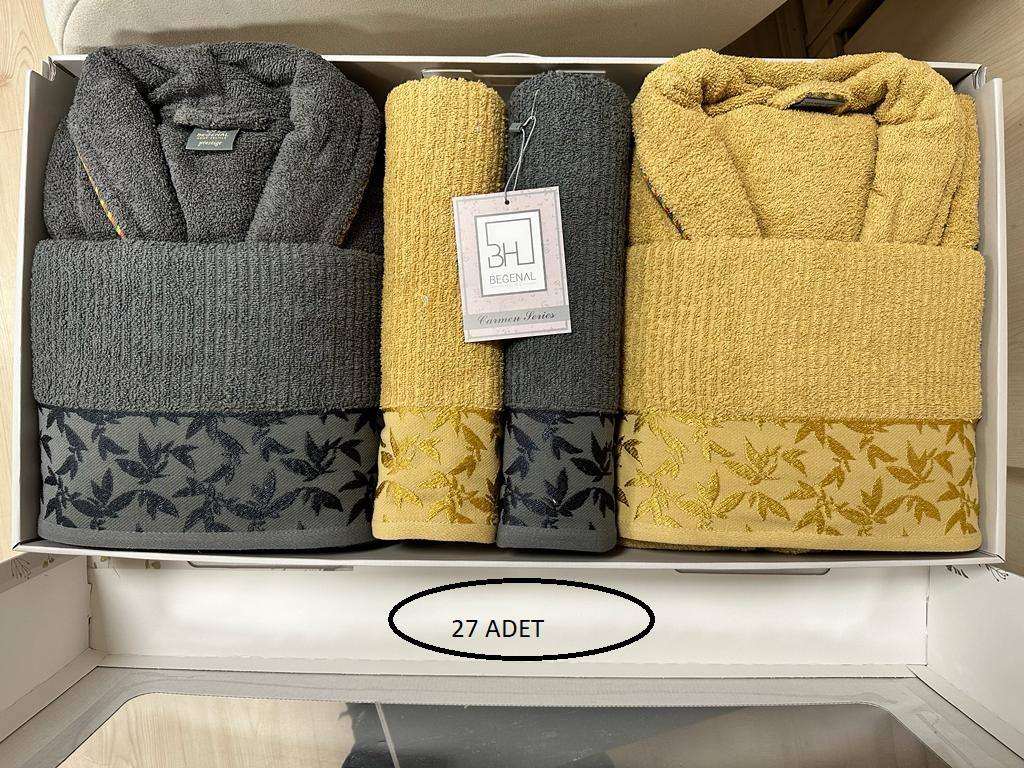 Pamuklu Jakarlı Carmen 6 Parca Aile Bornoz Setleri - SARI ANTRASİT