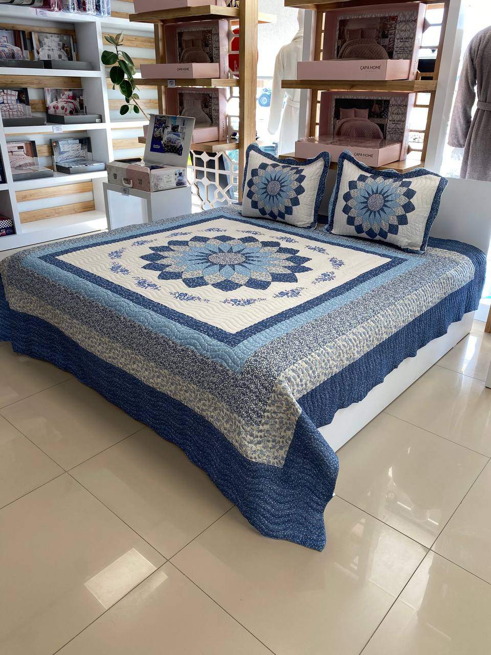 Çift Kişilik Battal Boy  Yatak Örtüsü Takımı Gloria Mavi