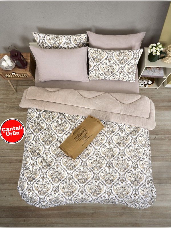 Çift Kişilik Uyku Seti Welsoft Uyku Seti  Çift Taraflı  Lüx Welsoft Yorgan ve  Battal Lastikli Çarşaflı - AKSU BEJ