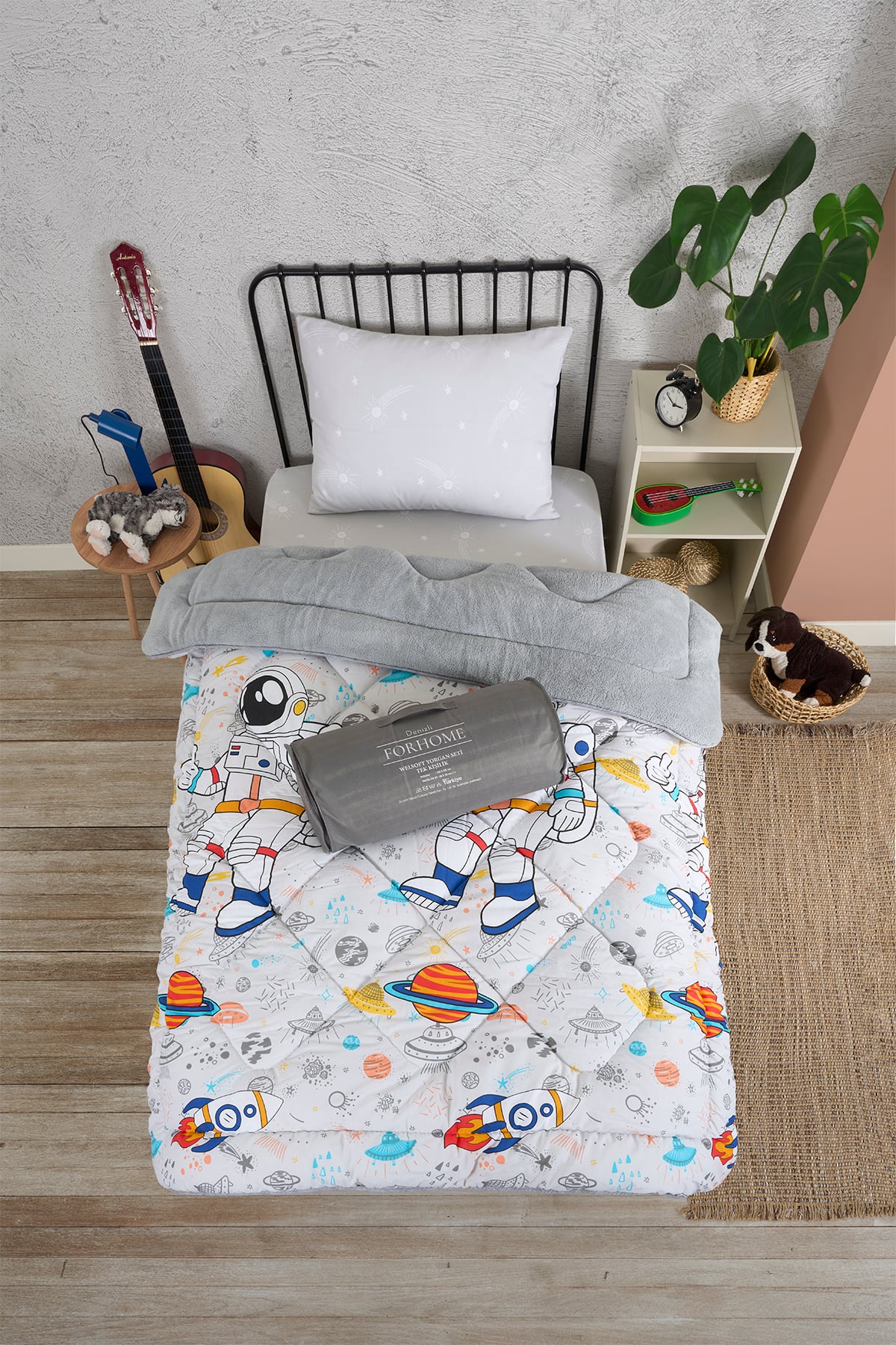 Tek Kişilik Yorgan Çift Taraflı Lüx Welsoft  Elit Yorgan Pofuduk Yumuşak Yorgan ve Yastık Kılıfı - ASTRONOT GRİ